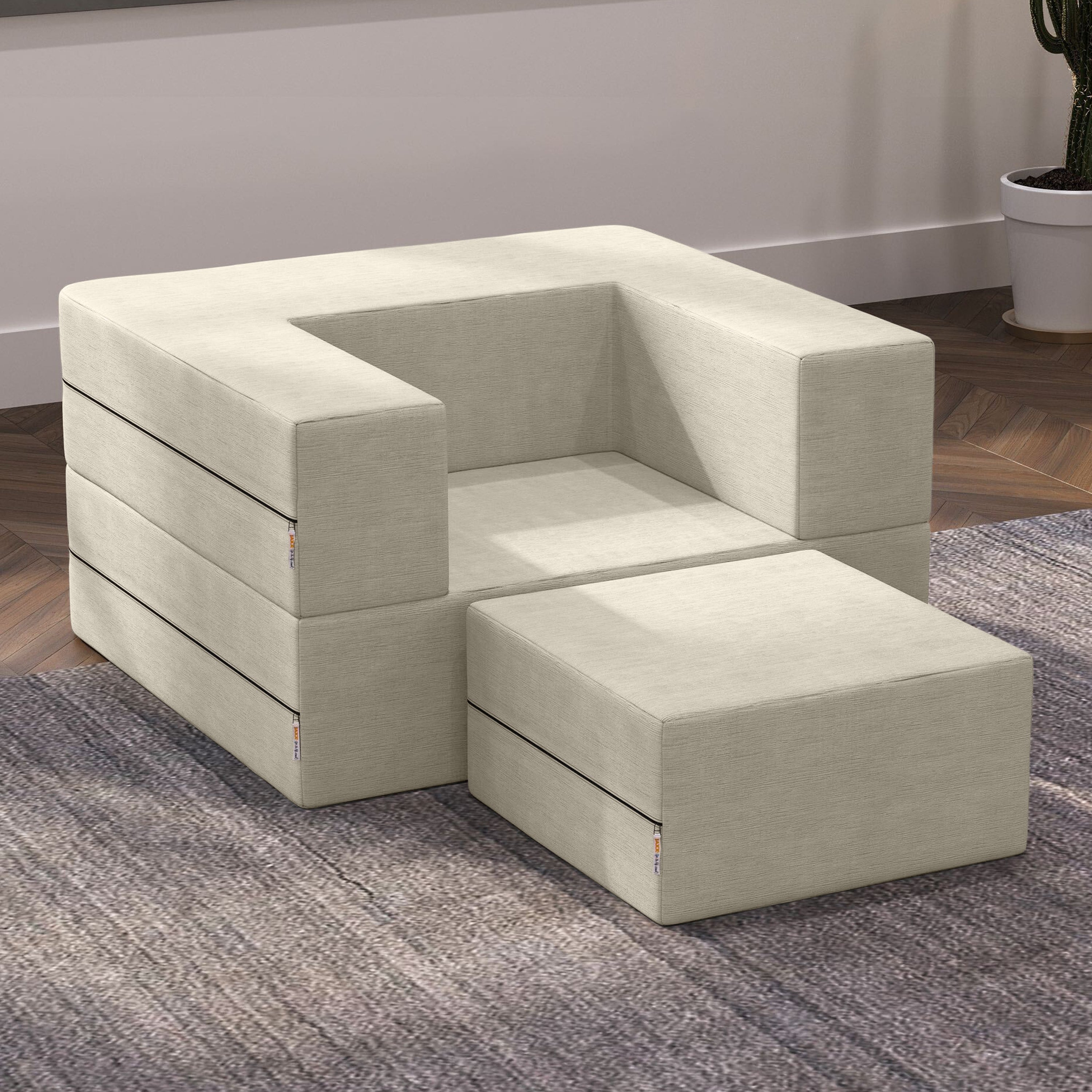 Jaxx Zipline Convertible Sleeper Futon Chair & Ottoman with Machine-Washable Cover, Ivory