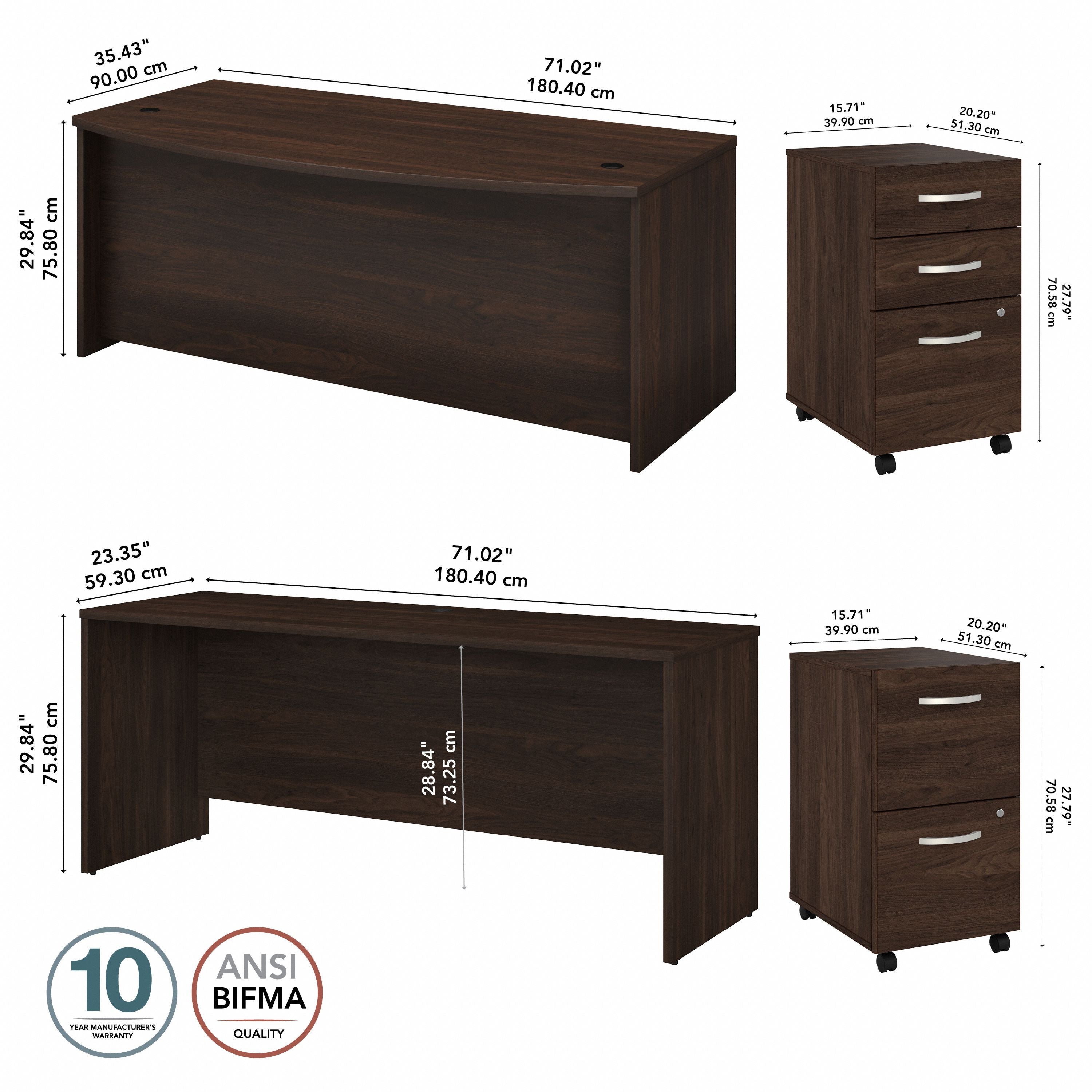 Bush Business Furniture Studio C 72W x 36D Bow Front Desk and Credenza with Mobile File Cabinets in Black Walnut - 71.02" Width x 94.78" Depth x 29.84" Height