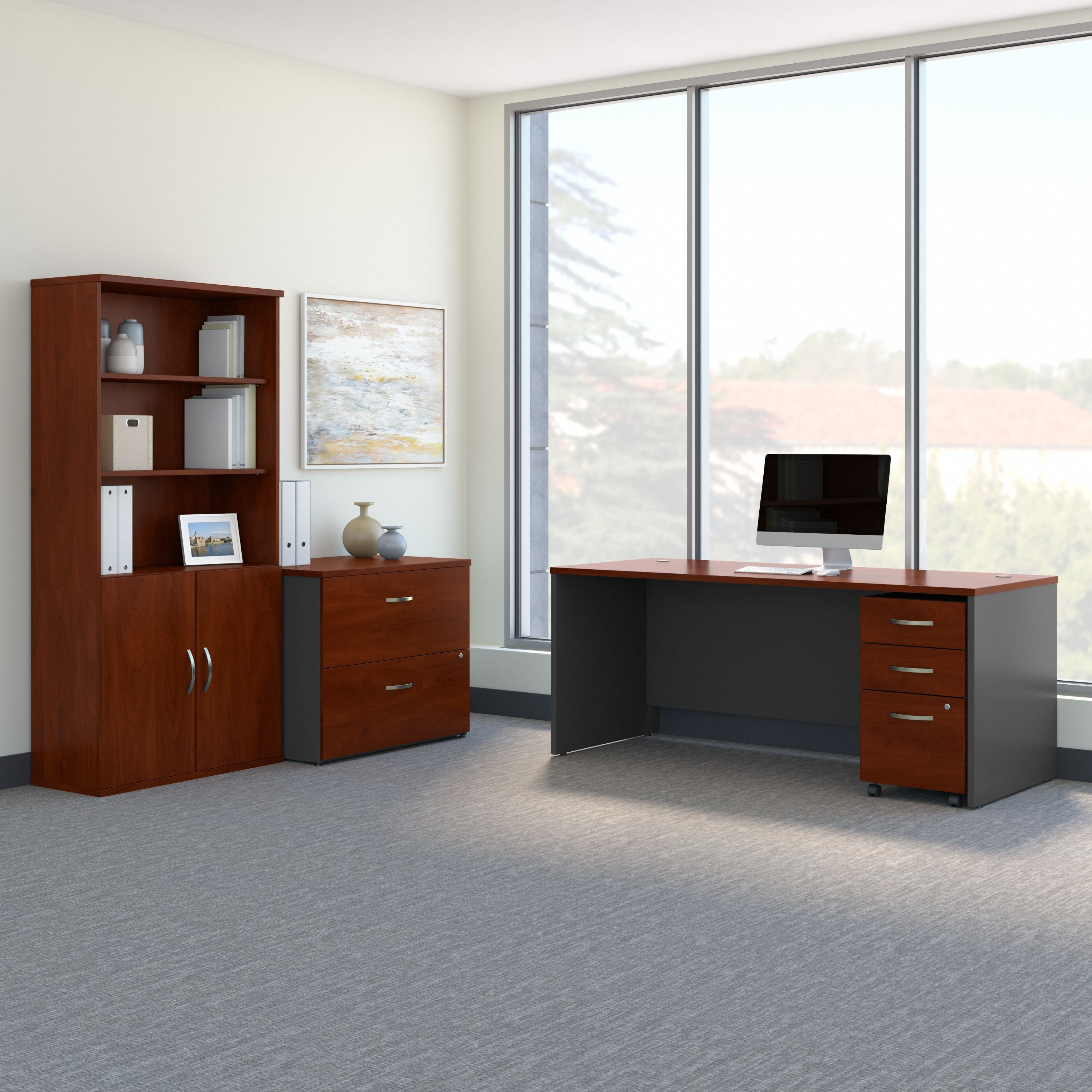 Bush Business Furniture Series C 72W Office Desk with Bookcase and File Cabinets in Hansen Cherry - 71.1" Width x 29.37" Depth x 72.8" Height