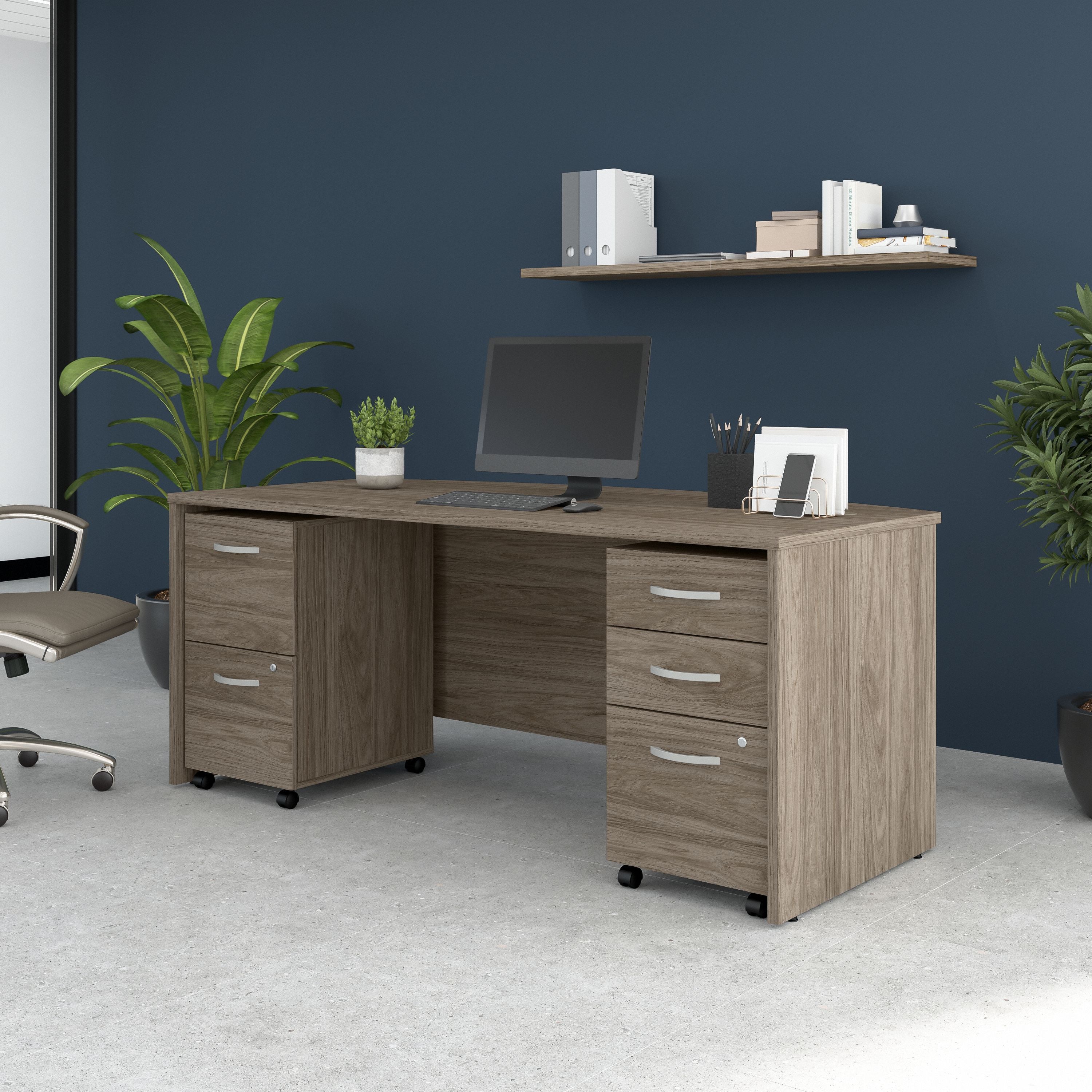 Bush Business Furniture Studio C 72W x 36D Bow Front Desk with Mobile File Cabinets in Modern Hickory - 71.02" Width x 35.43" Depth x 29.84" Height