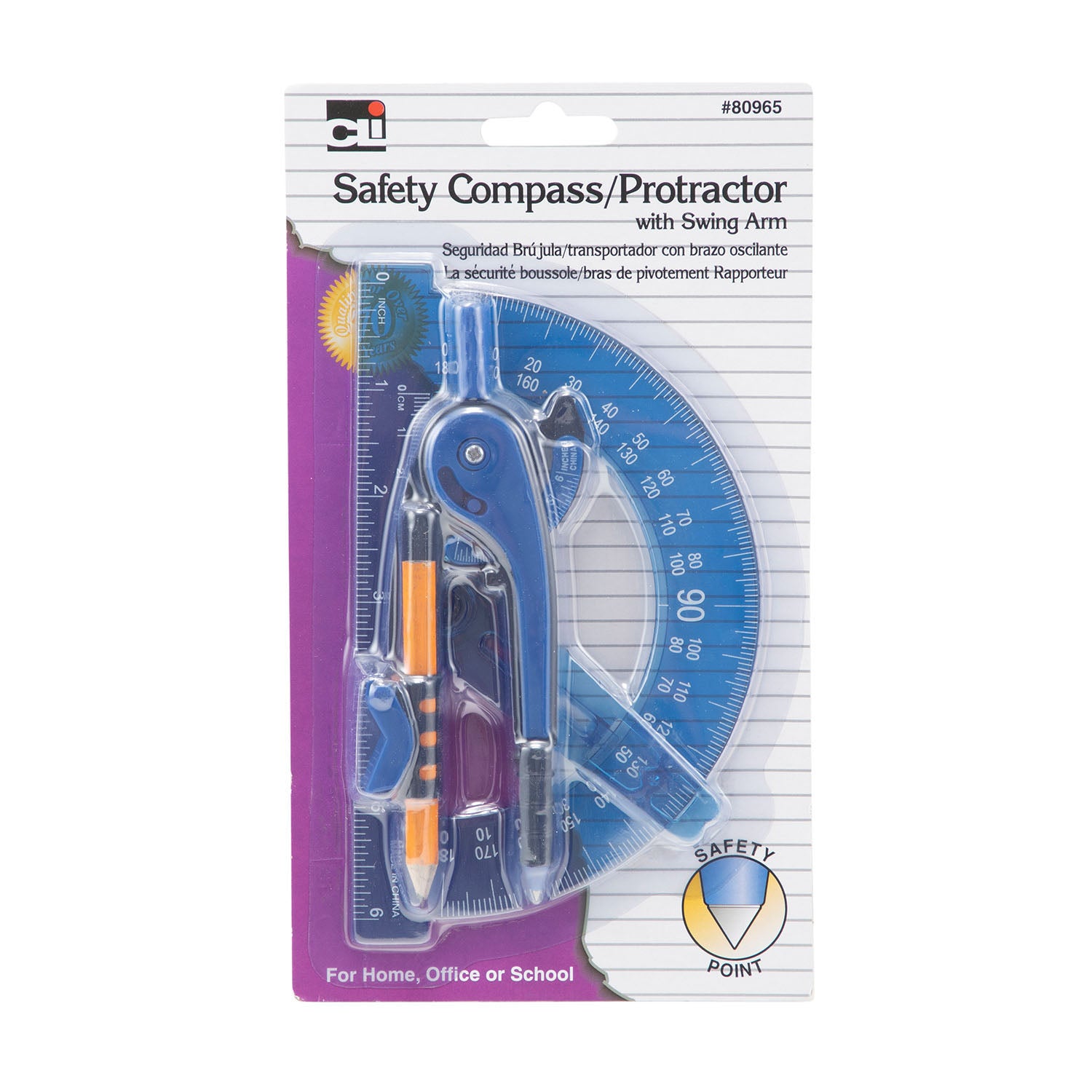 Safety Compass & 6" Swing Arm Protractor, Assorted Colors, 6 Sets