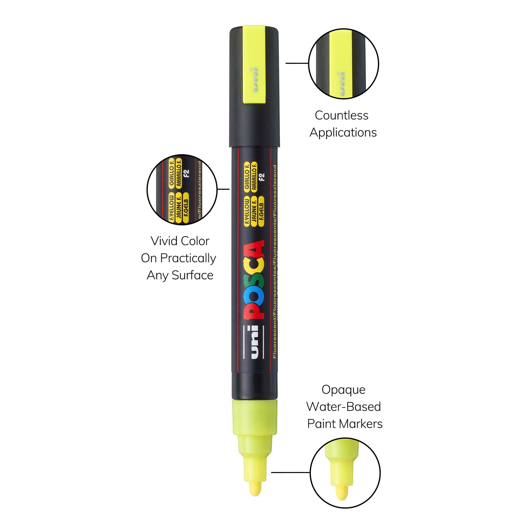 uni® POSCA PC-5M Water-Based Paint Markers, Reversible Medium Tip (1.8-2.5mm), Fluorescent Yellow