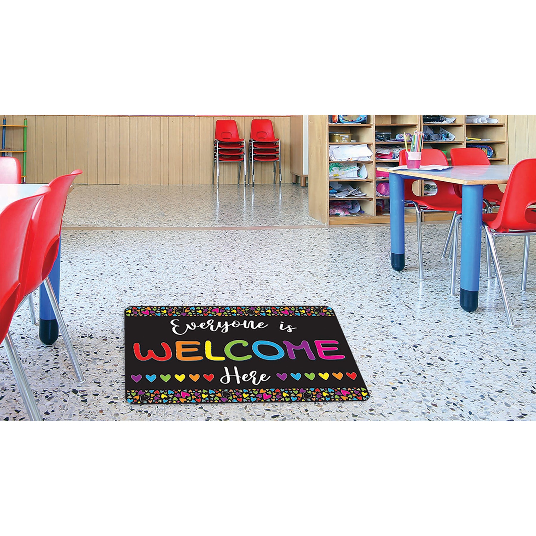 Welcome Mat with Slip Resistant Backing, 15.5" x 23.5", Everyone is Welcome Here, Hearts