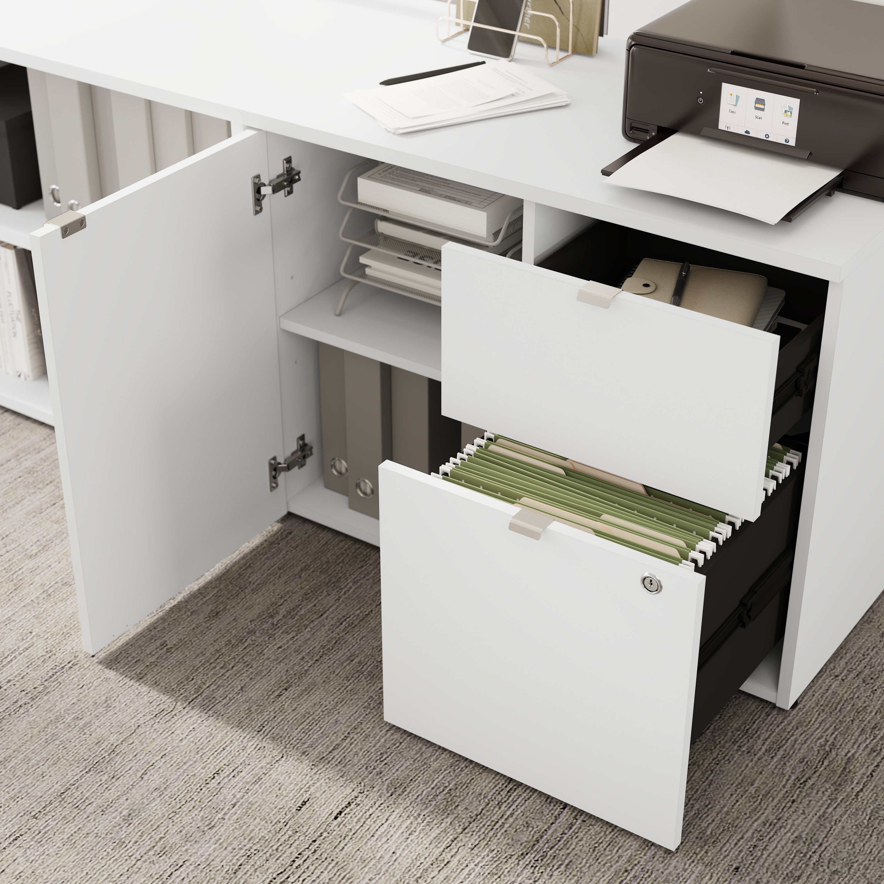 Bush Business Furniture Stratus&nbsp;72W x&nbsp;30D Electric Height Adjustable Standing Desk with Storage in White with White Base - 71.02" Width x 29.37" Depth x 27.44" Height