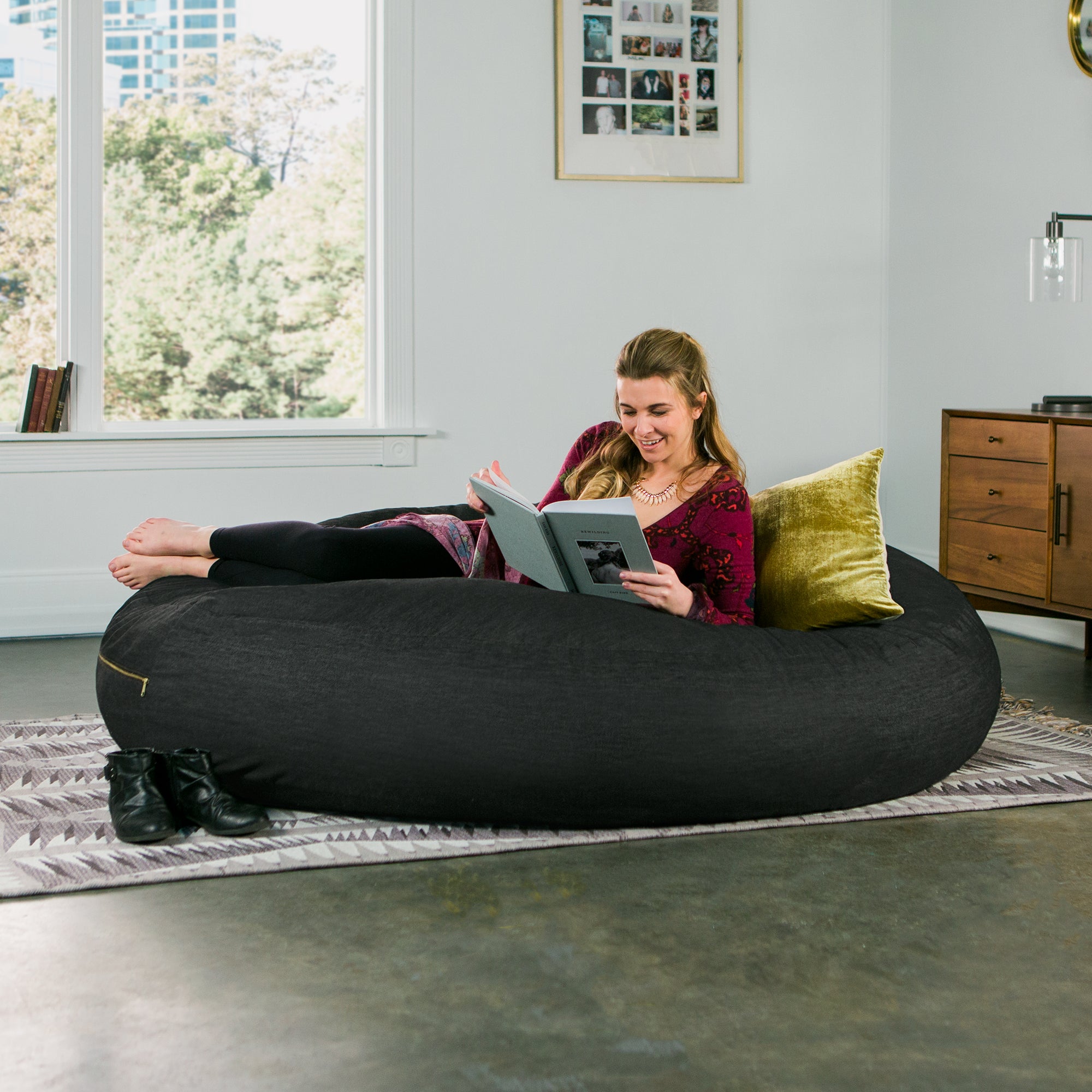 Jaxx 6 Foot Cocoon - 2-in-1 Convertible Bean Bag Bed & Large Bean Bag Chair for Adults- Denim, Black