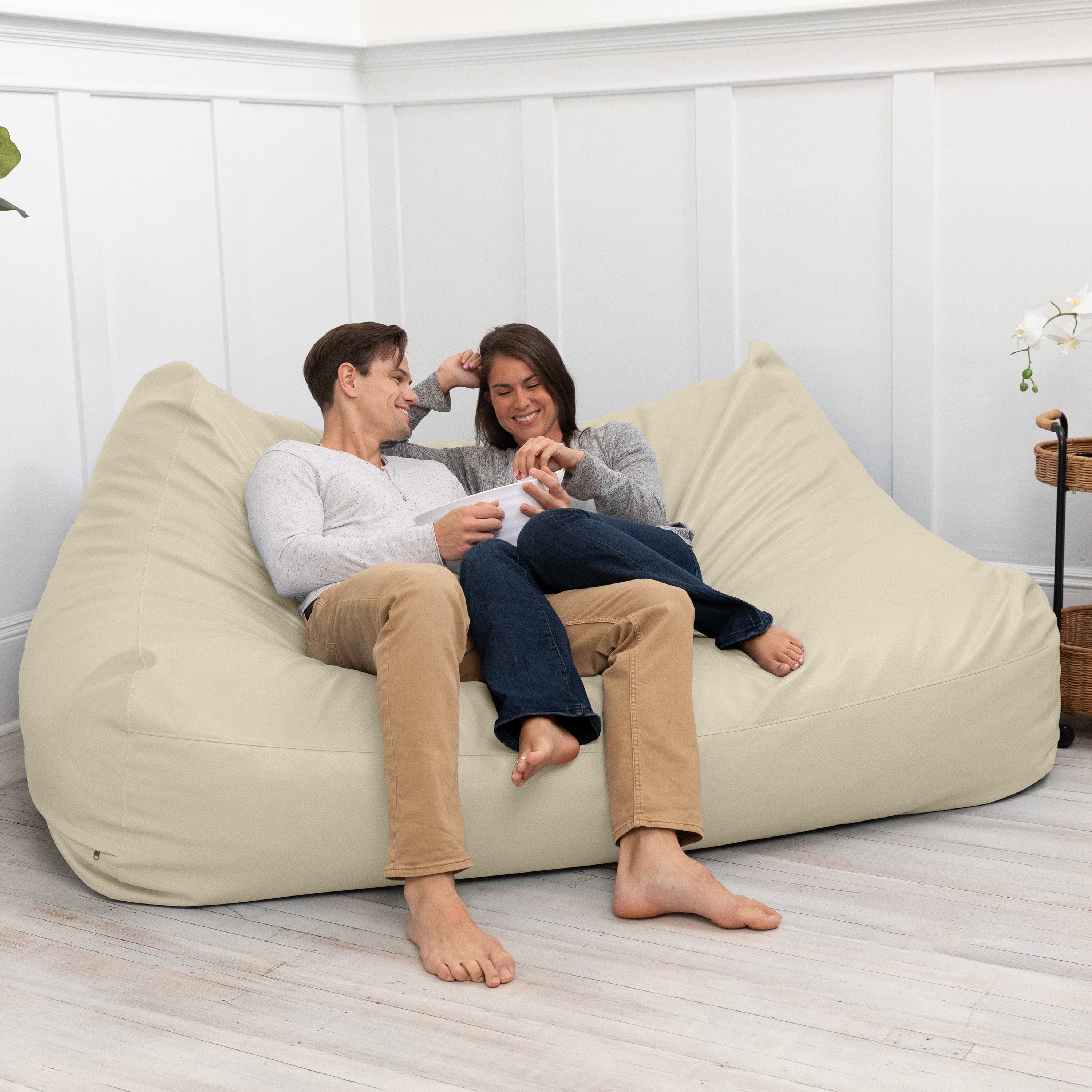 Atrium Collection Lozia Loveseat - Large Foam Bean Bag Sofa for Home Theaters, Offices, Schools, Reception & Waiting Rooms - Faux-Leather - Natural Beige
