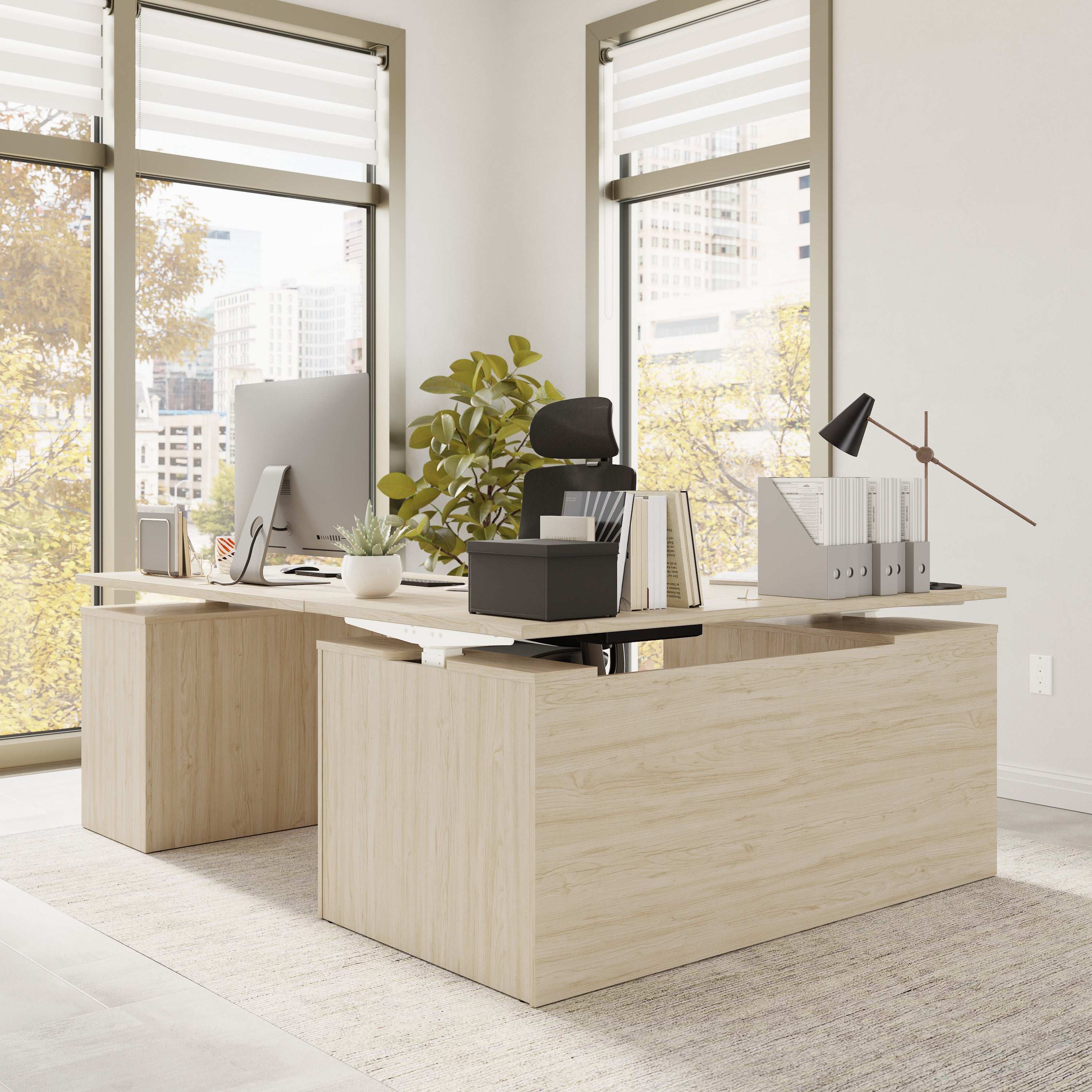 Bush Business Furniture Stratus&nbsp;60W x&nbsp;78D Height Adjustable L Shaped Standing Desk with Drawers in Natural Elm with White Base - 59.45" Width x 76.97" Depth x 27.44" Height