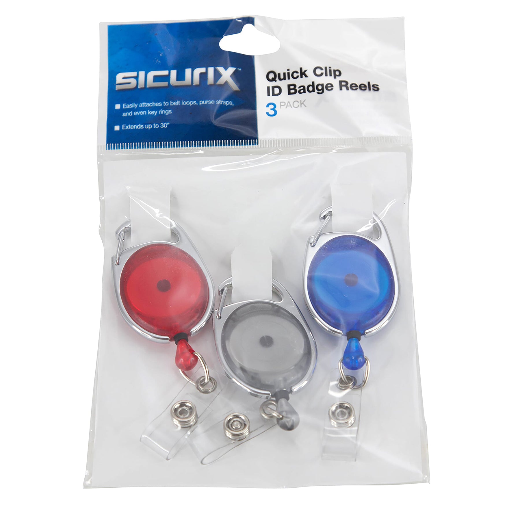 Quick Clip Oval ID Badge Reel, Red, Blue, Smoke, Pack of 3