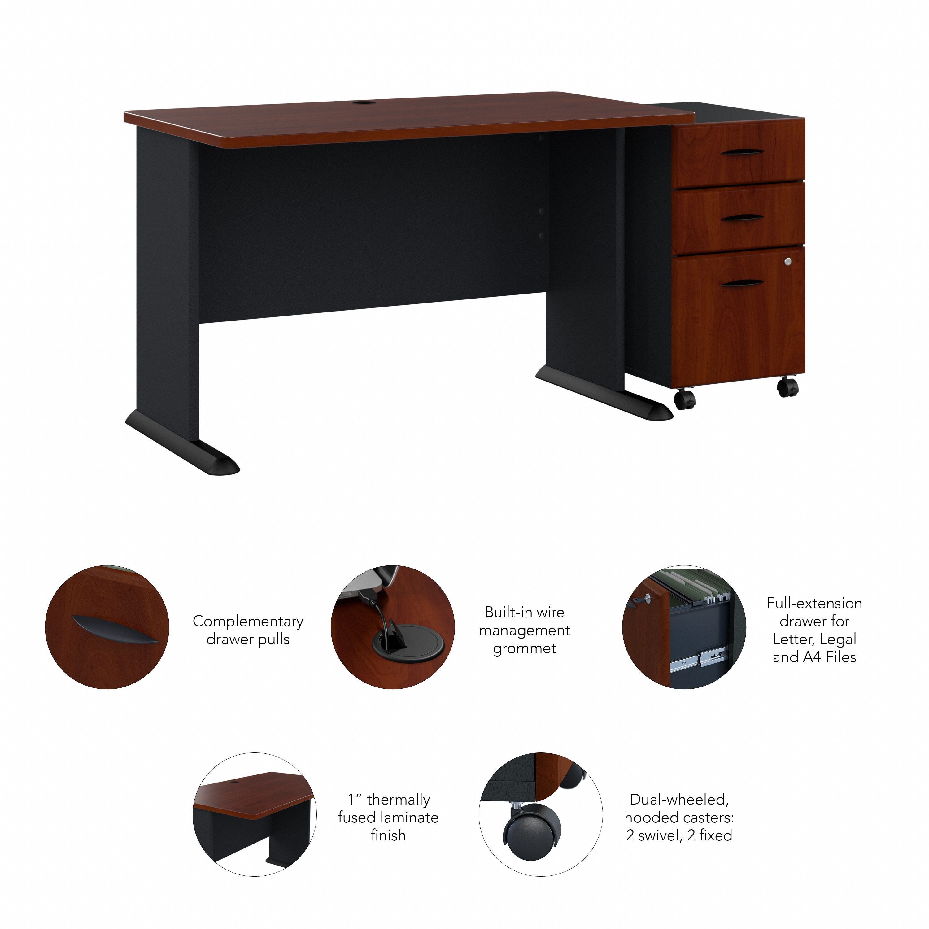 Bush Business Furniture Series A 48W Desk with Mobile File Cabinet in Hansen Cherry and Galaxy - 47.52" Width x 26.81" Depth x 29.66" Height