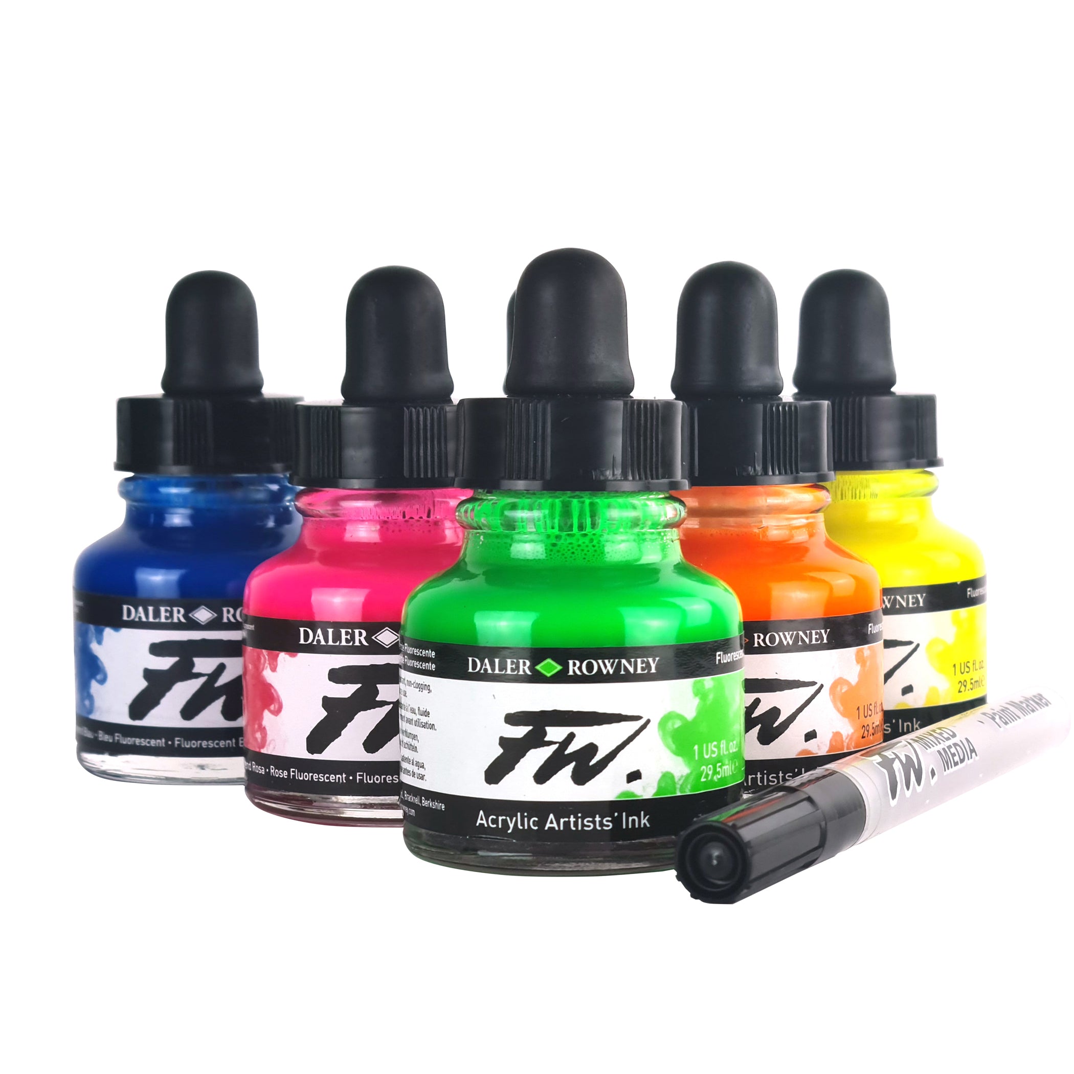 FW Acrylic Ink Neon Set with Empty Marker, Assorted Colors, 29.5ml, 6 Pieces
