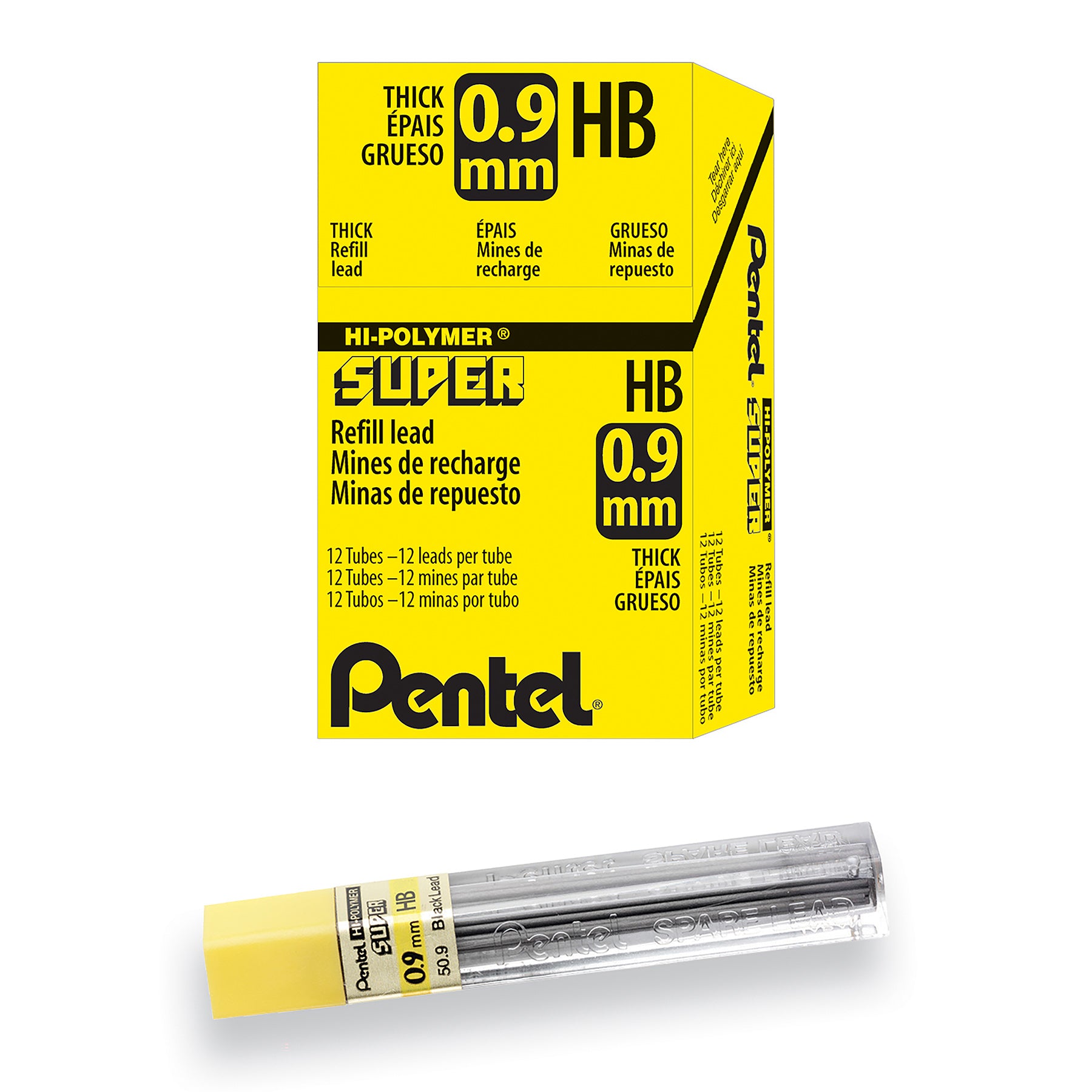 Super Hi-Polymer Lead Refill (0.9mm) Thick, HB, 15 Pieces/Tube, 12 Tubes/Box