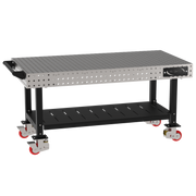 Welding Fixture Table, Fixed Height, 36"H x 72"L x 36"D, 1/4" Carbon Steel Top, Four Black Powdercoat Legs, Shelf, Handle, 4 Heavy Duty Suspension Casters (2 Locking/Swiveling Casters and 2 Non-Locking/Non-SwivelingCasters)