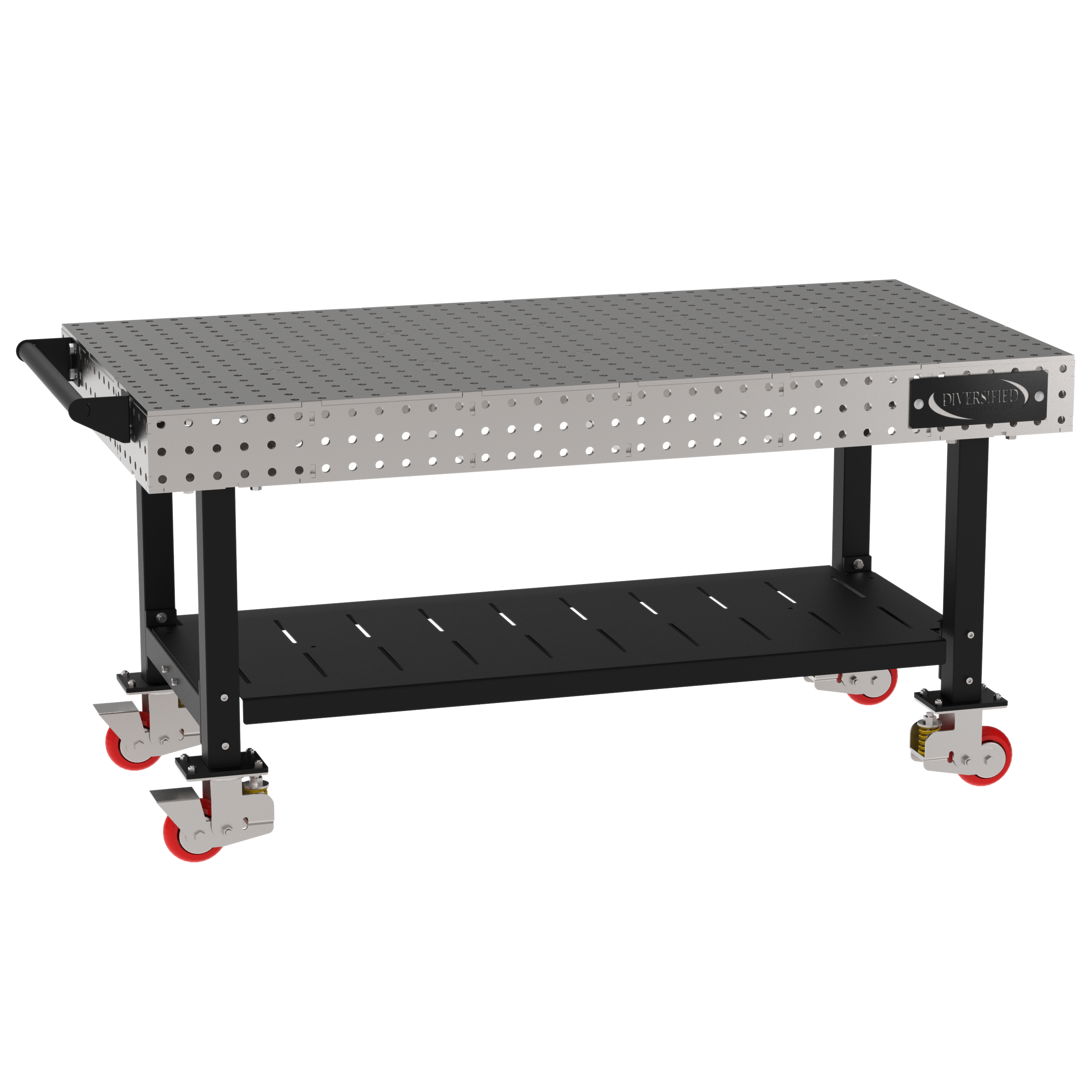 Welding Fixture Table, Fixed Height, 36"H x 72"L x 36"D, 1/4" Carbon Steel Top, Four Black Powdercoat Legs, Shelf, Handle, 4 Heavy Duty Suspension Casters (2 Locking/Swiveling Casters and 2 Non-Locking/Non-SwivelingCasters)
