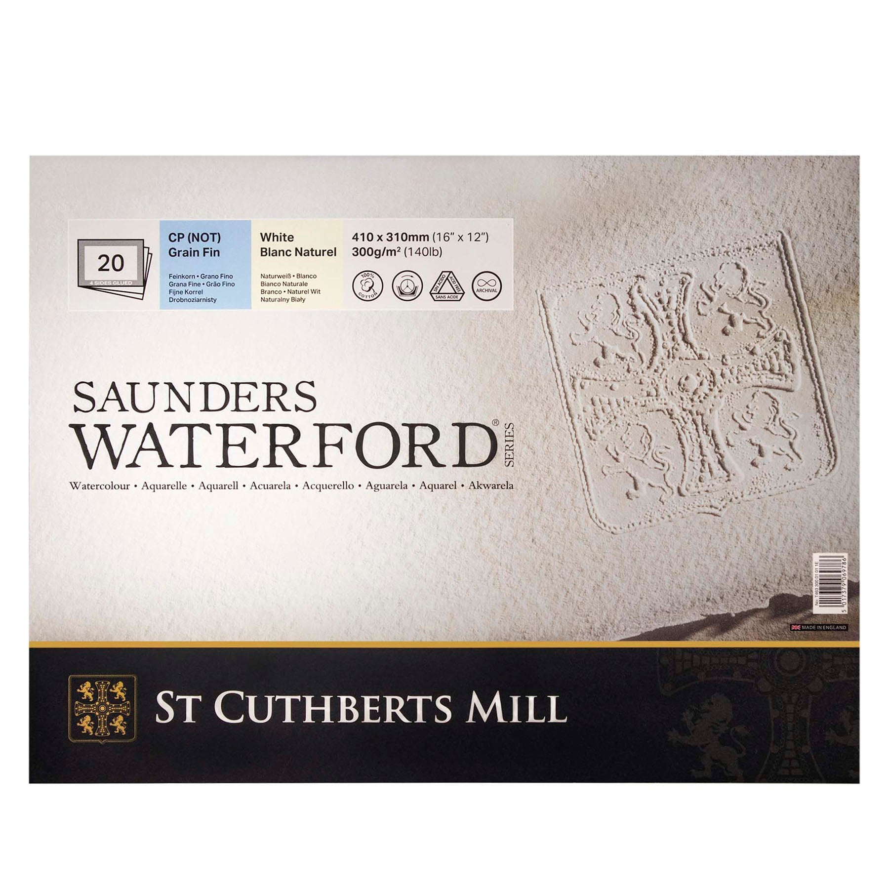 Saunders Waterford Watercolor Block, Cold Pressed, White, 140lb/300gsm, 20 Sheet, 16x12 inch, 1 Count