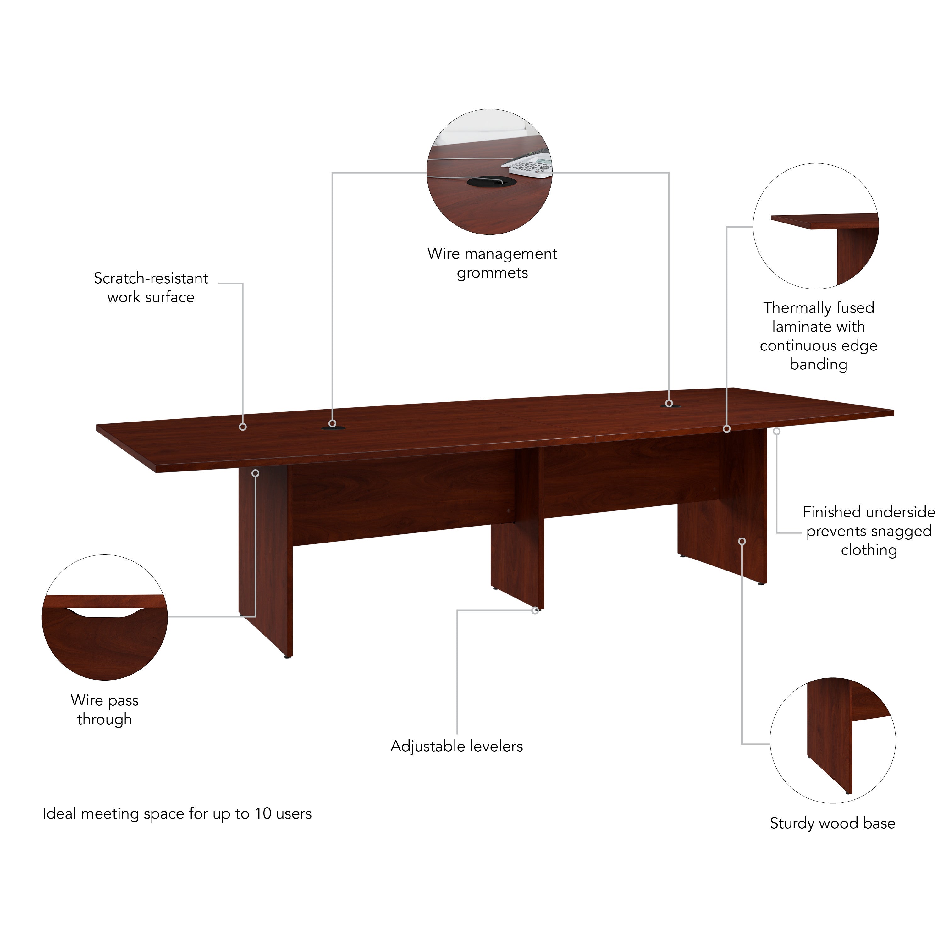 Bush Business Furniture 120-inch Office Conference Table with Wood Base in Hansen Cherry - 119.21" Width x 47.52" Depth x 28.65" Height