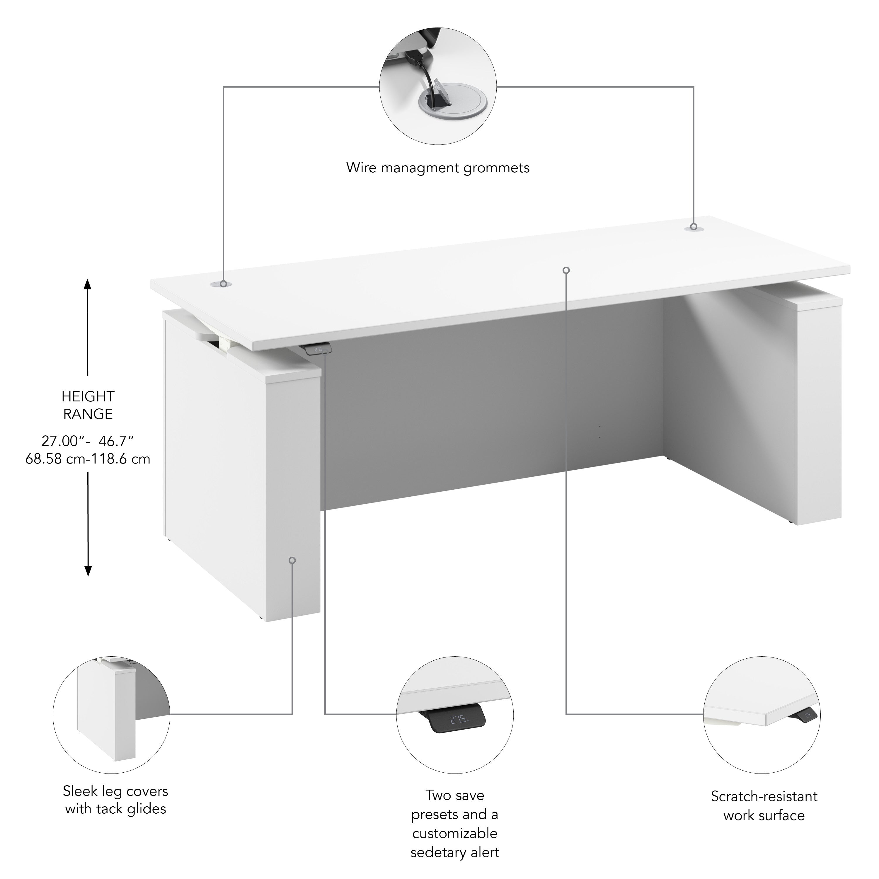 Bush Business Furniture Stratus&nbsp;72W x&nbsp;30D Electric Height Adjustable Standing Desk with Modesty Panel in White with White Base - 71.02" Width x 29.37" Depth x 27.44" Height