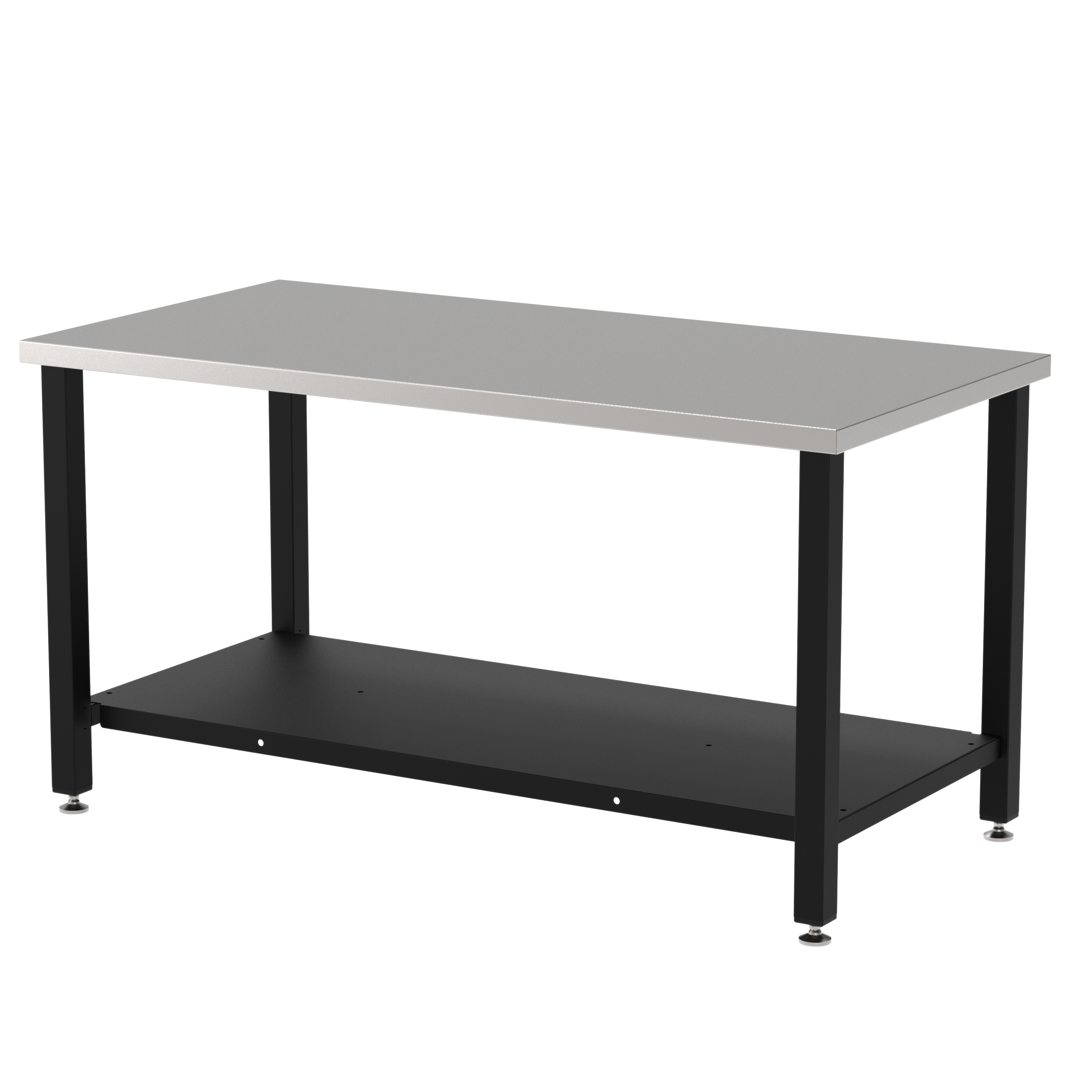 Fabrication Prep Table Fixed Height 36"H X 60"W X 30"D  Carbon Steel Top, Four Leg Frame Powder Coated Black, Lower Shelf Powder Coated Black, Self Leveling Feet