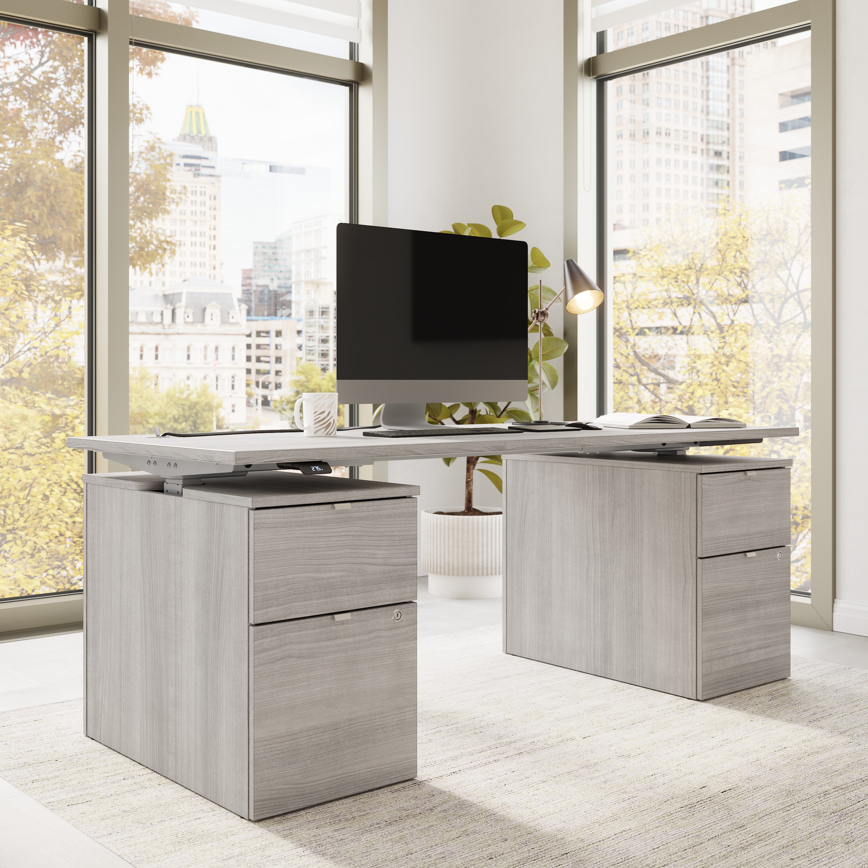 Bush Business Furniture Stratus&nbsp;72W x&nbsp;30D Electric Height Adjustable Standing Desk with Drawers in Platinum Gray with Metallic Gray Base - 71.02" Width x 29.37" Depth x 27.44" Height