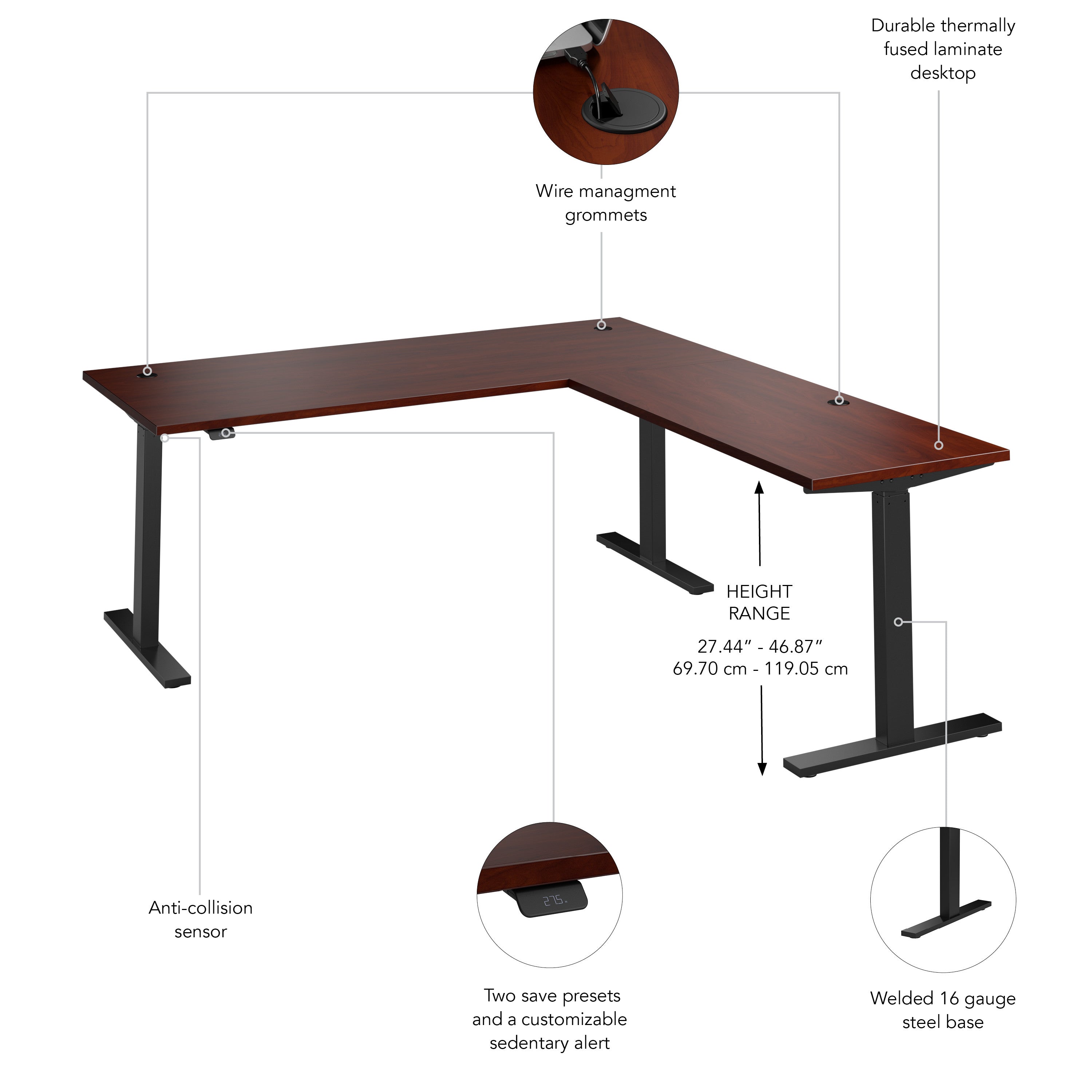 Bush Business Furniture Move 60 Series 72W Height Adjustable L Shaped Standing Desk in Hansen Cherry with Black Base - 71.02" Width x 76.97" Depth x 27.44" Height