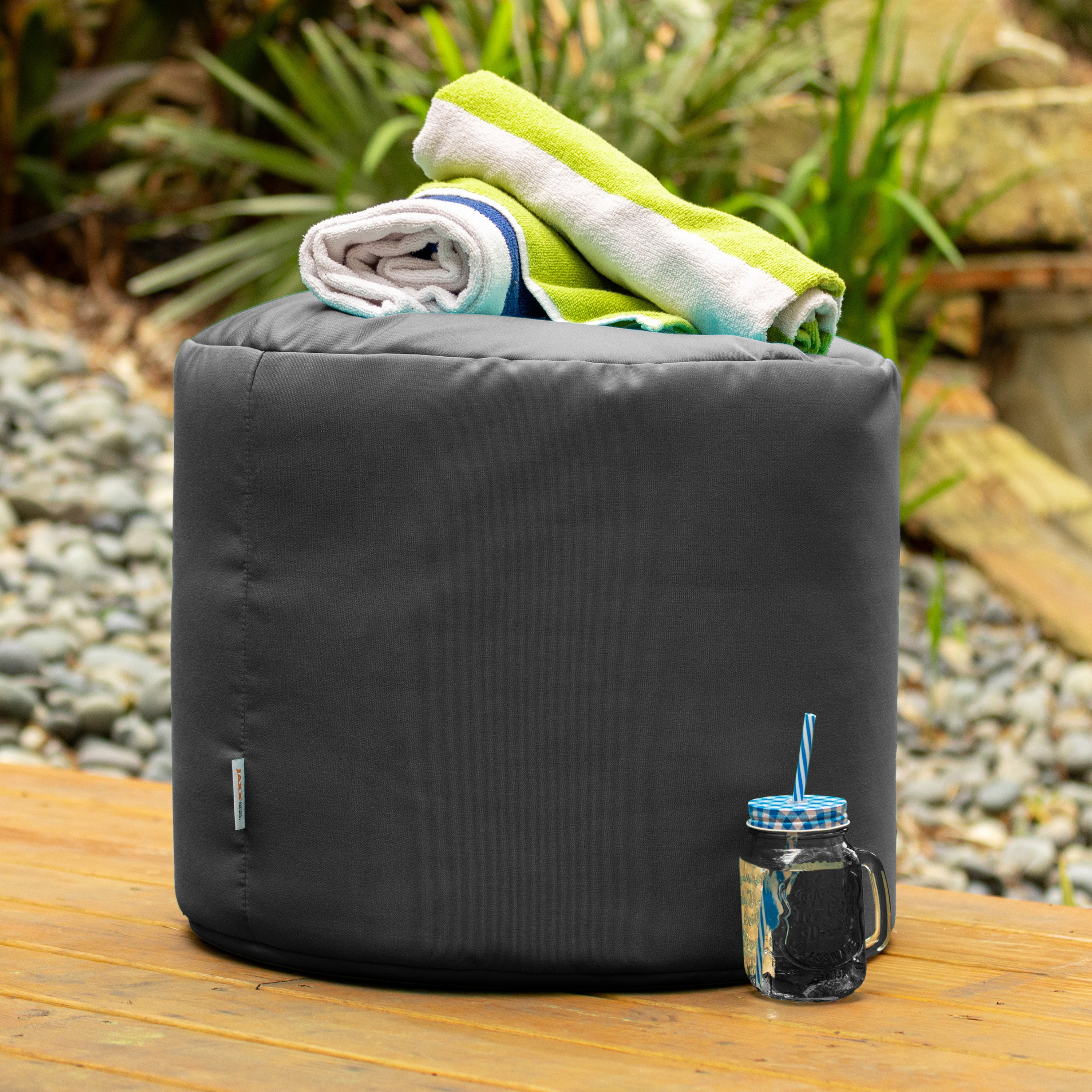Jaxx Spring Indoor / Outdoor Bean Bag Pouf Ottoman, Charcoal Sunbrella