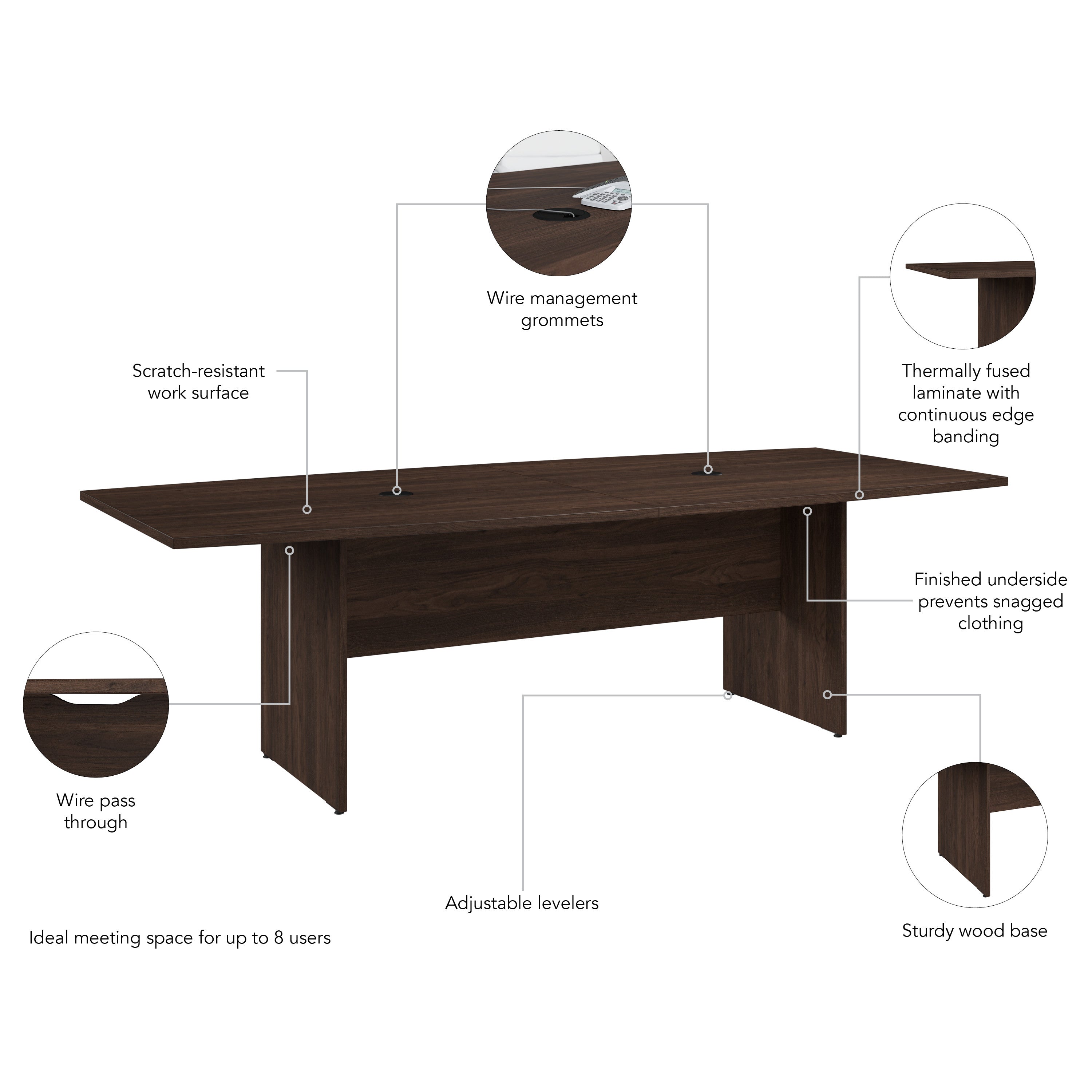 Bush Business Furniture 96-inch Office Conference Table with Wood Base in Black Walnut - 95.19" Width x 42.00" Depth x 28.65" Height