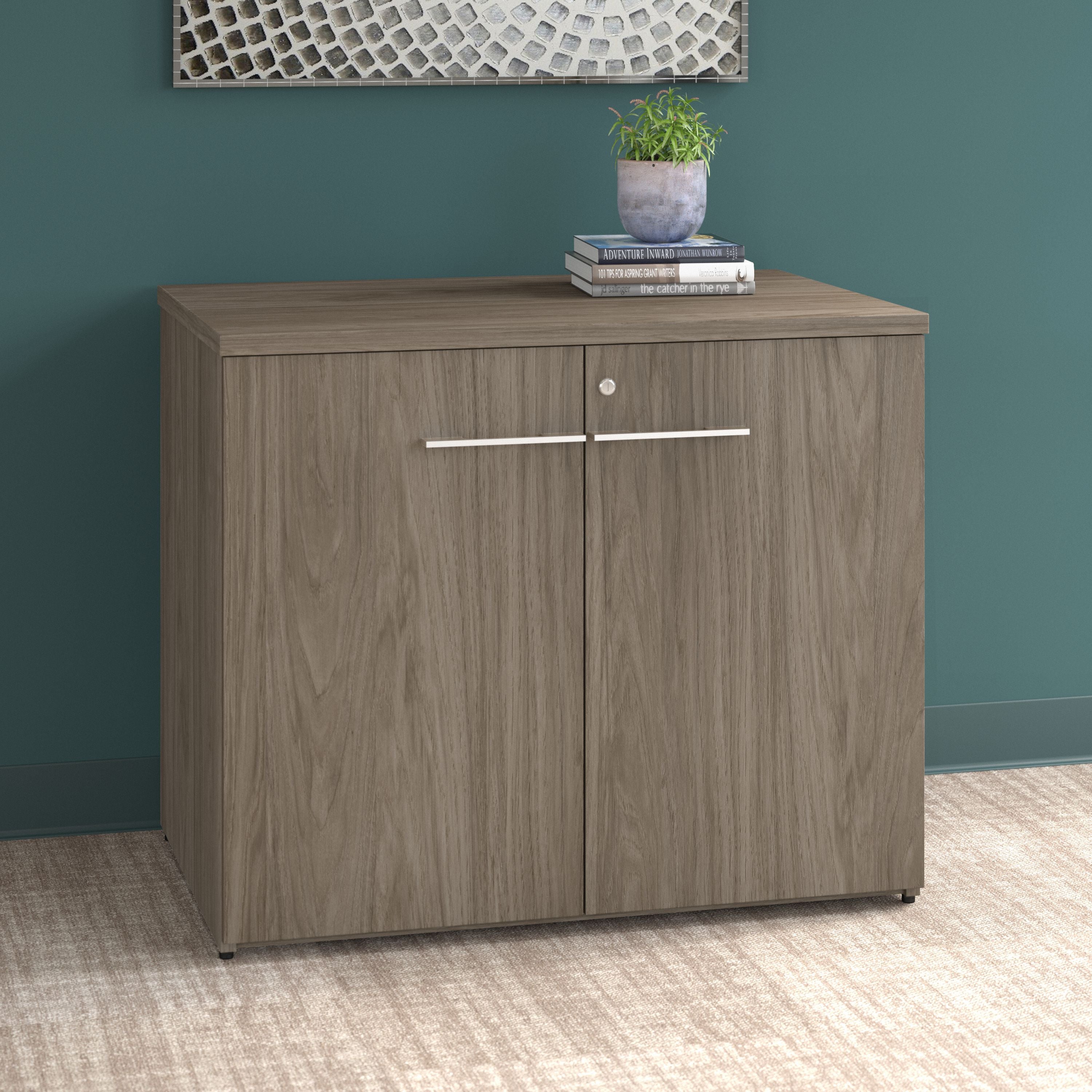 Bush Business Furniture Office 500 36W Storage Cabinet with Doors in Modern Hickory - Assembled - 35.67" Width x 23.35" Depth x 29.82" Height