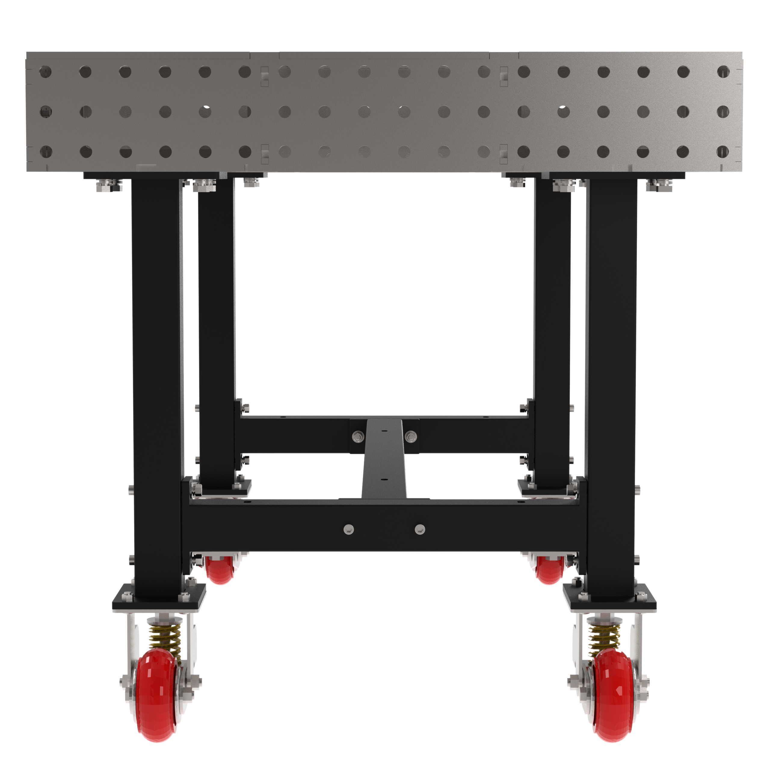 Welding Fixture Table, Fixed Height, 36"H x 60"L x 36"D, 1/4" Carbon Steel Top, Four Black  Powdercoat Legs, 4 Heavy Duty Suspension Casters (2 Locking/Swiveling Casters and 2 Non-Locking/Non-SwivelingCasters)