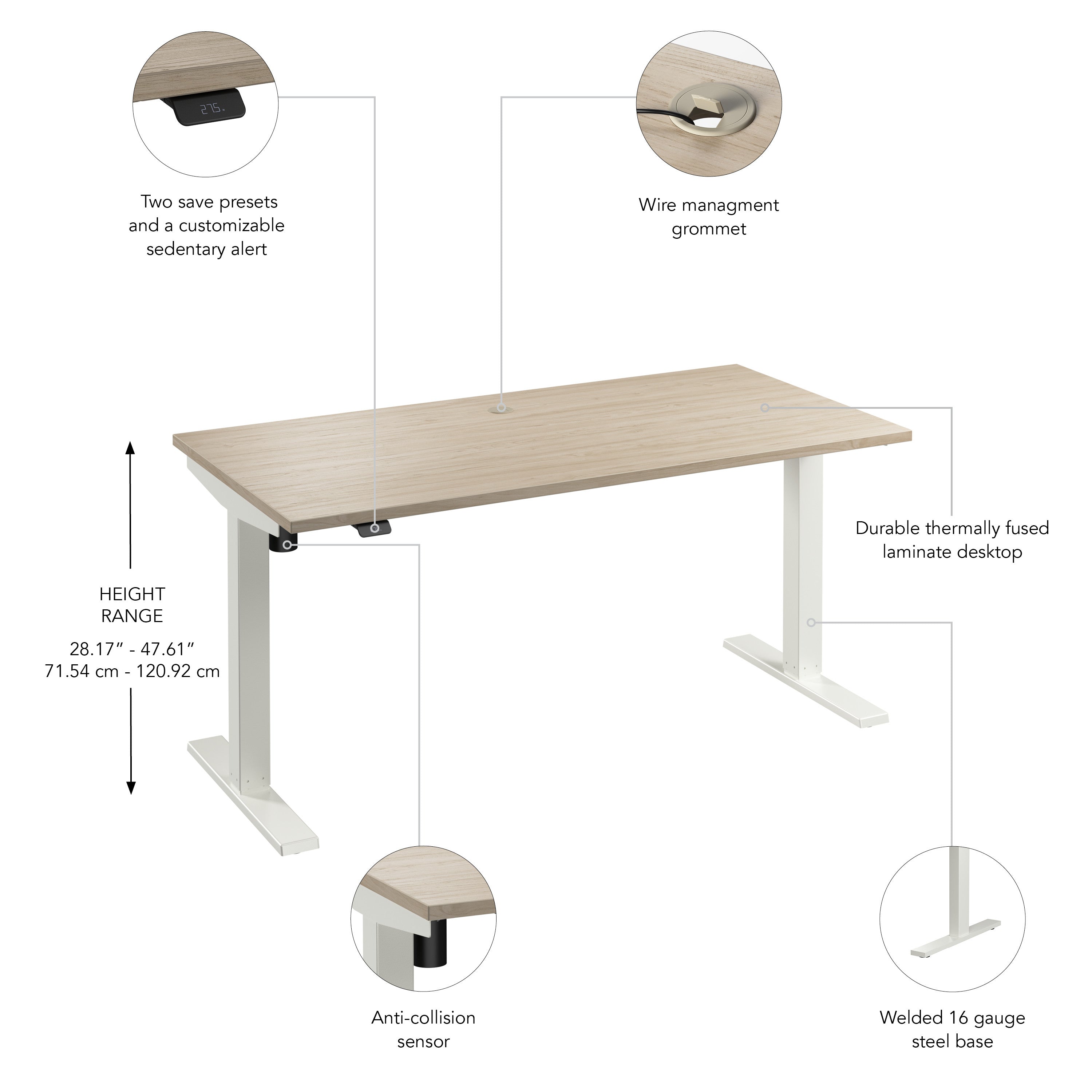 Bush Business Furniture Move 40 Series 60W x 30D Electric Height Adjustable Standing Desk in Natural Elm with White Base - 59.45" Width x 29.37" Depth x 28.17" Height