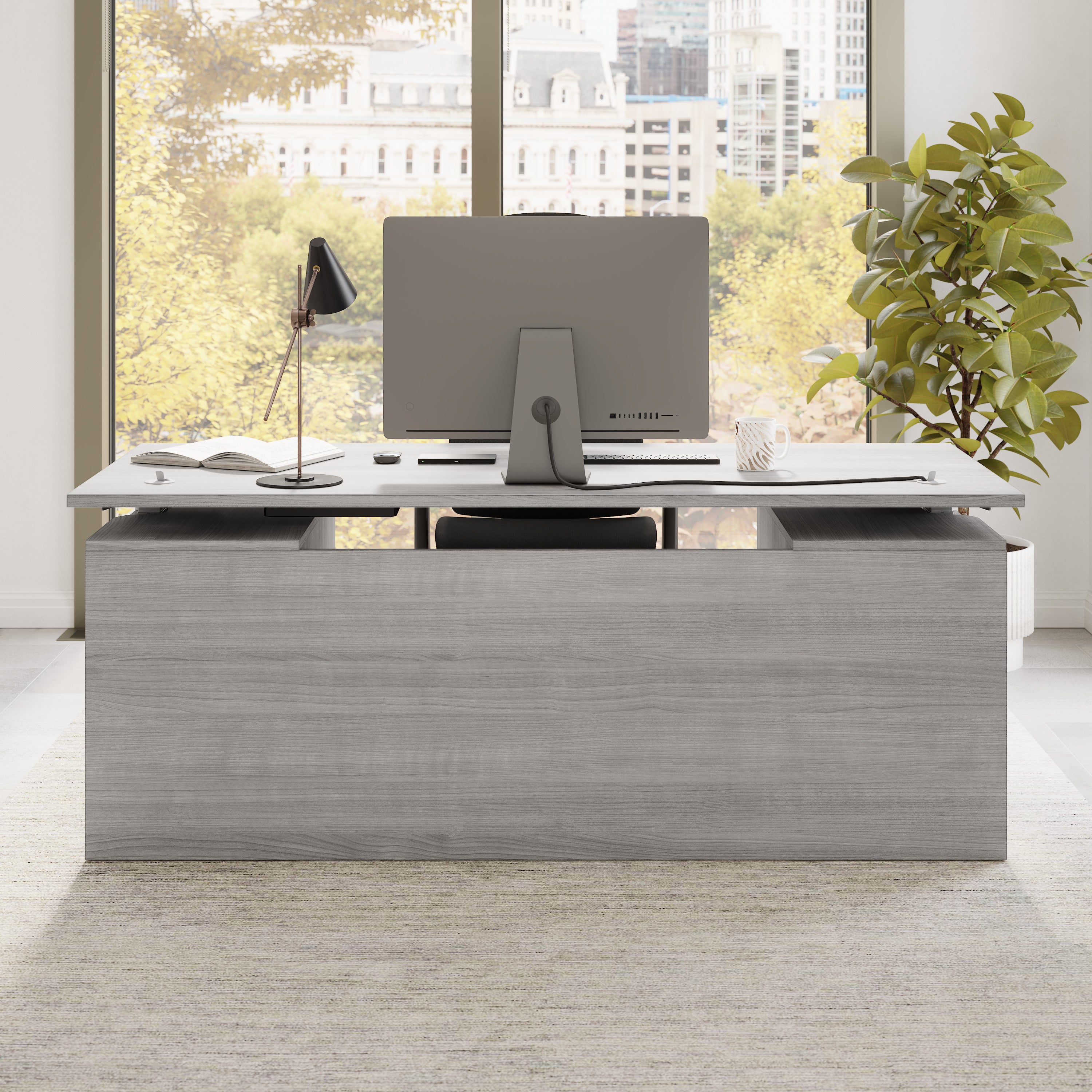 Bush Business Furniture Stratus&nbsp;72W x&nbsp;30D Electric Height Adjustable Standing Desk with Modesty Panel in Platinum Gray with Metallic Gray Base - 71.02" Width x 29.37" Depth x 27.44" Height