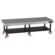 Welding Fixture Table, Fixed Height, 36"H x 120"L x 48"D, 1/4" Carbon Steel Top, Six Black Powdercoat Legs, Shelf, 6 Heavy Duty Suspension Casters (4 Locking/Swiveling Casters and 2 Non-Locking/Non-SwivelingCasters)