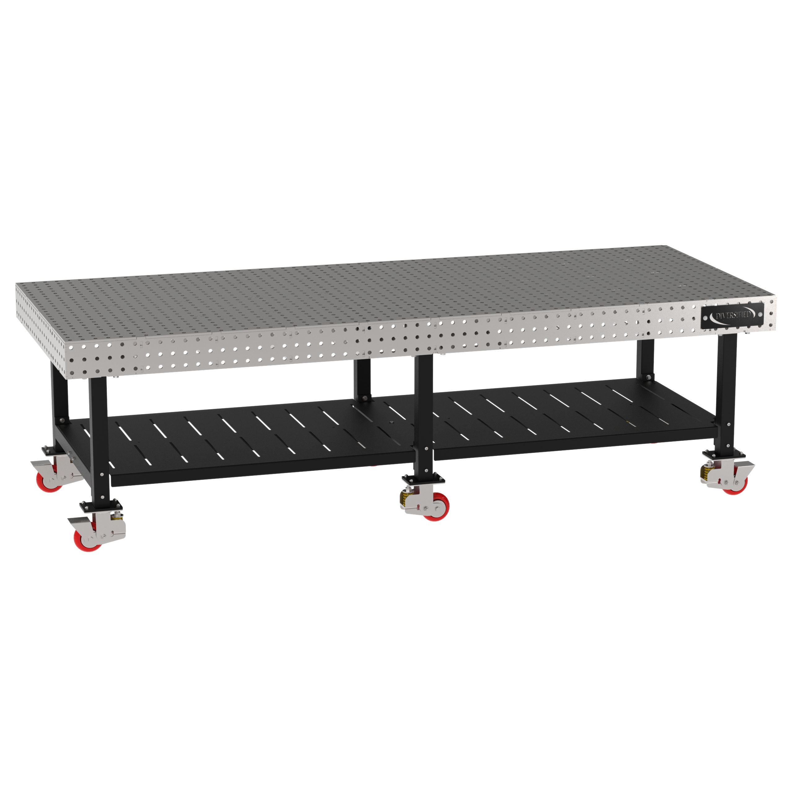 Welding Fixture Table, Fixed Height, 36"H x 120"L x 48"D, 1/4" Carbon Steel Top, Six Black Powdercoat Legs, Shelf, 6 Heavy Duty Suspension Casters (4 Locking/Swiveling Casters and 2 Non-Locking/Non-SwivelingCasters)