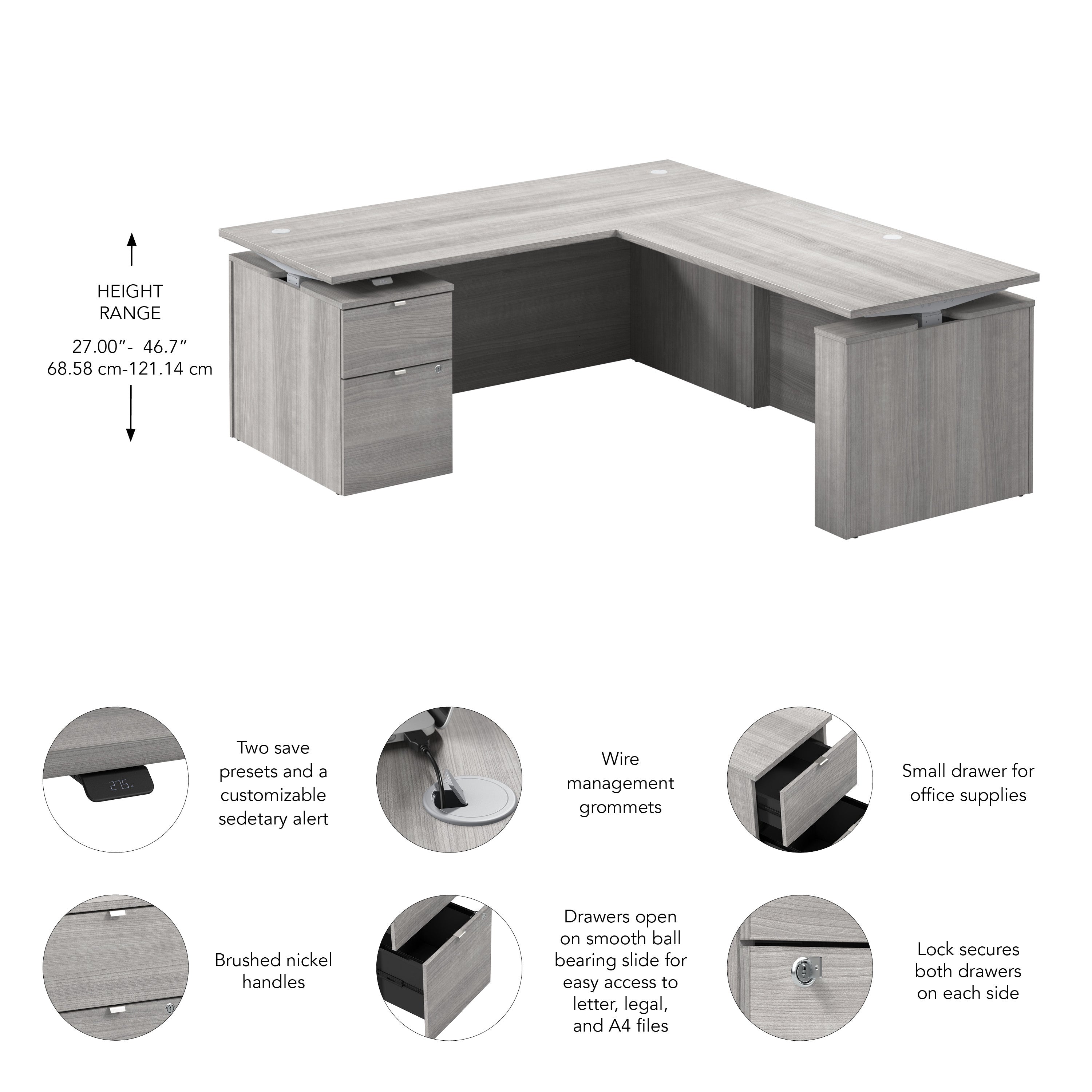 Bush Business Furniture Stratus&nbsp;72W x&nbsp;78D Height Adjustable L Shaped Standing Desk with File Cabinet in Platinum Gray with Metallic Gray Base - 71.02" Width x 76.97" Depth x 27.44" Height