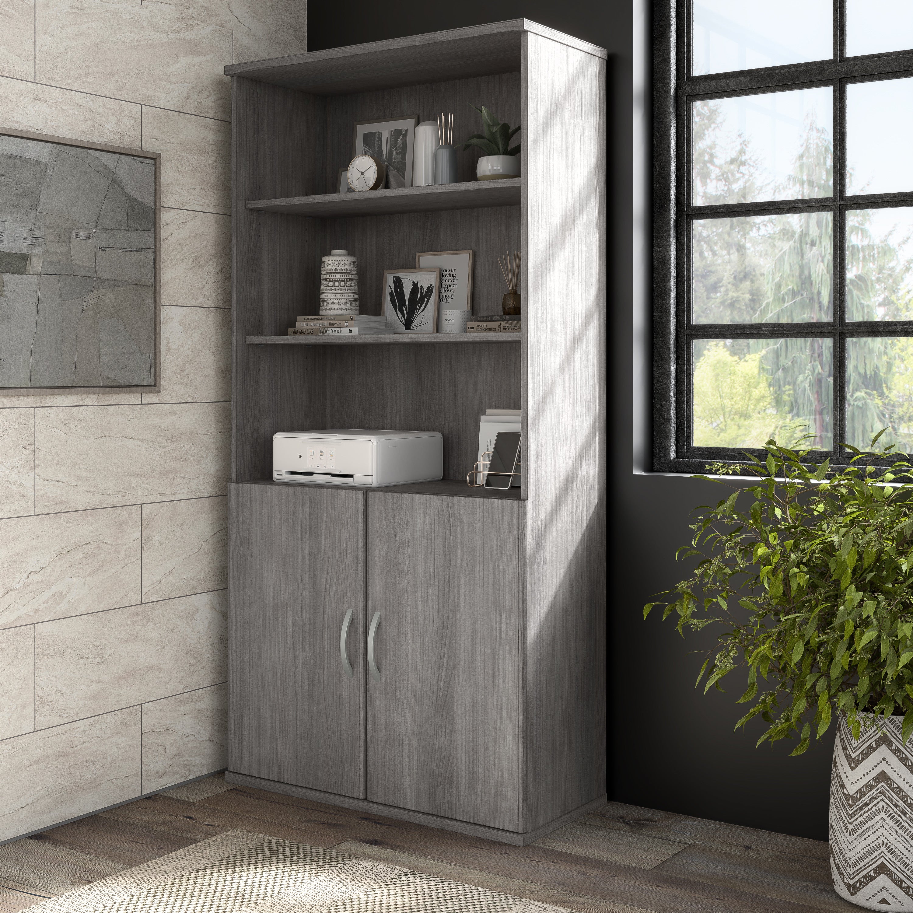 Bush Business Furniture Hybrid Tall 5 Shelf Bookcase with Doors in Platinum Gray - 35.71" Width x 15.43" Depth x 72.8" Height