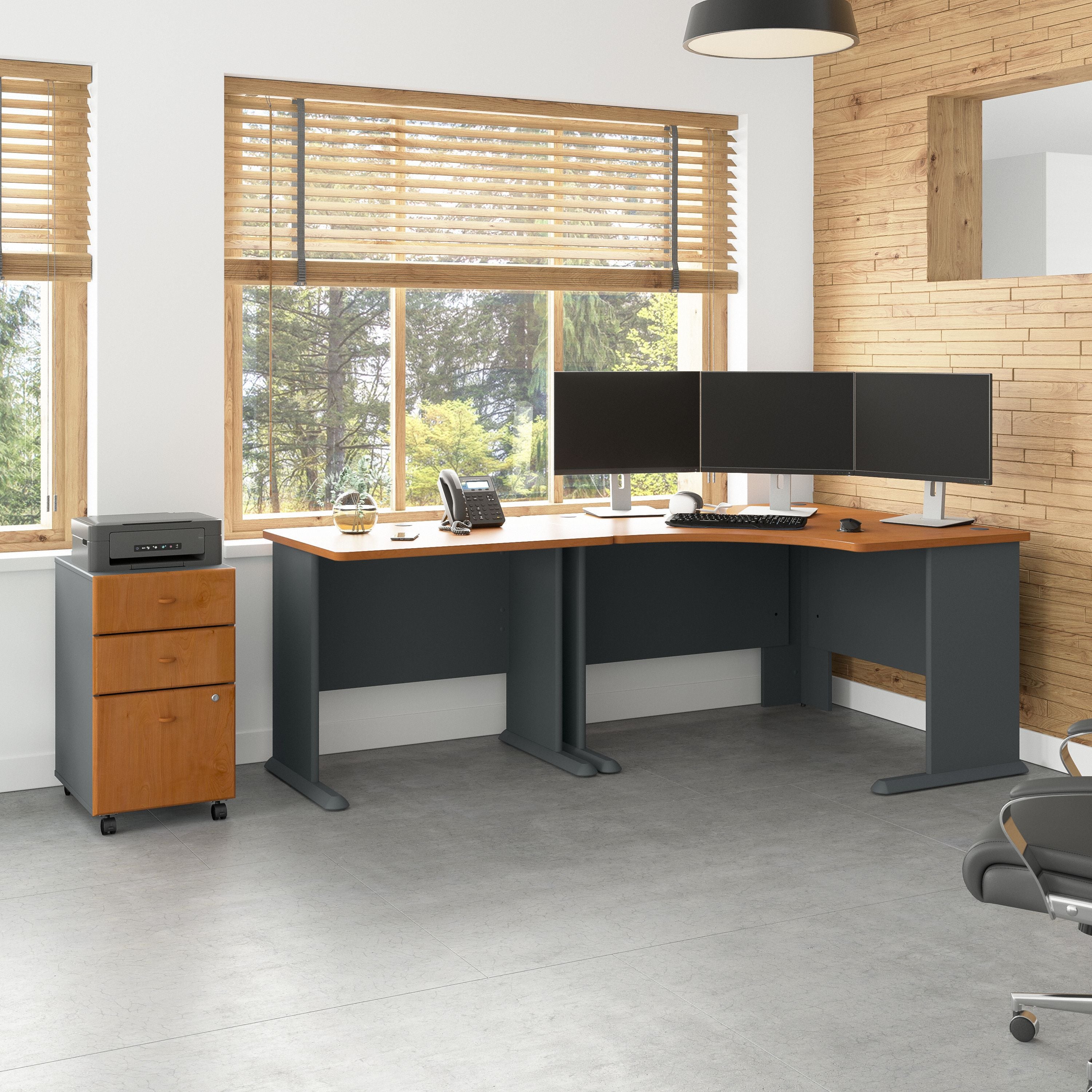 Bush Business Furniture Series A 48W Corner Desk with 36W Return and Mobile File Cabinet in Natural Cherry and Slate - 82.76" Width x 47.17" Depth x 29.66" Height