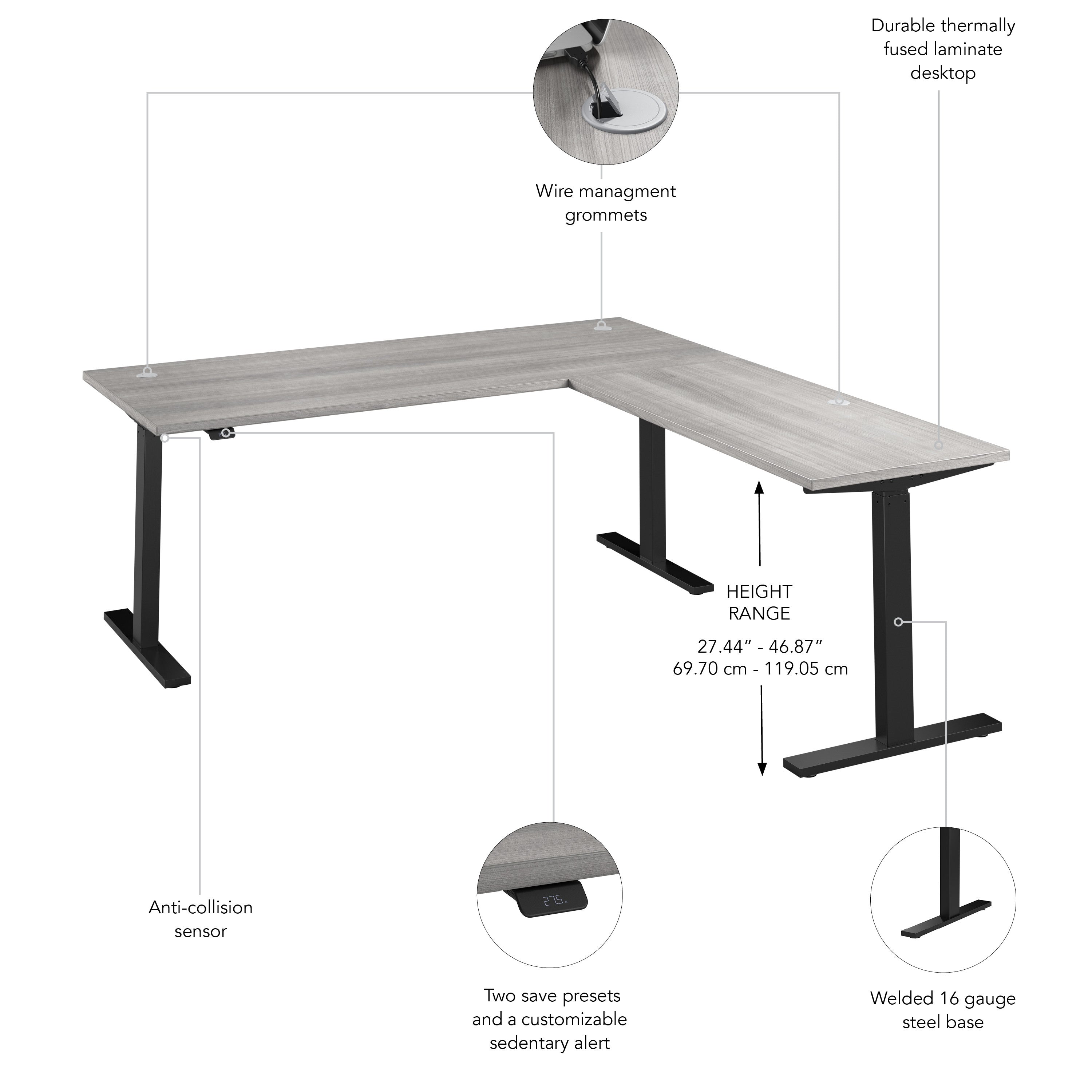 Bush Business Furniture Move 60 Series 72W Height Adjustable L Shaped Standing Desk in Platinum Gray with Black Base - 71.02" Width x 76.97" Depth x 27.44" Height