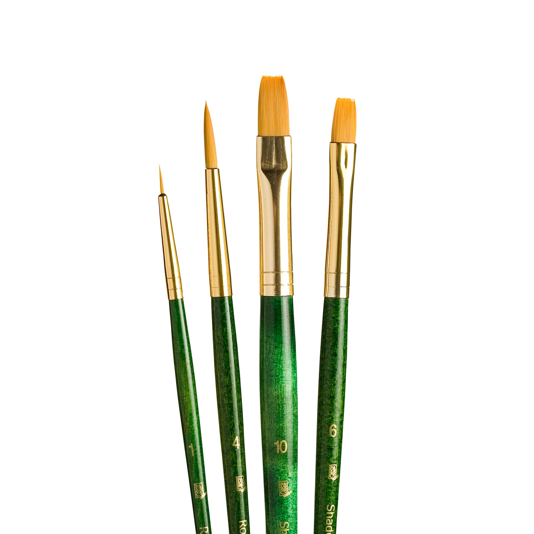 RealValue Brush Set, Gold Taklon Bristles, Short Handle Mixed Media Paintbrush, Green, 4 Pieces