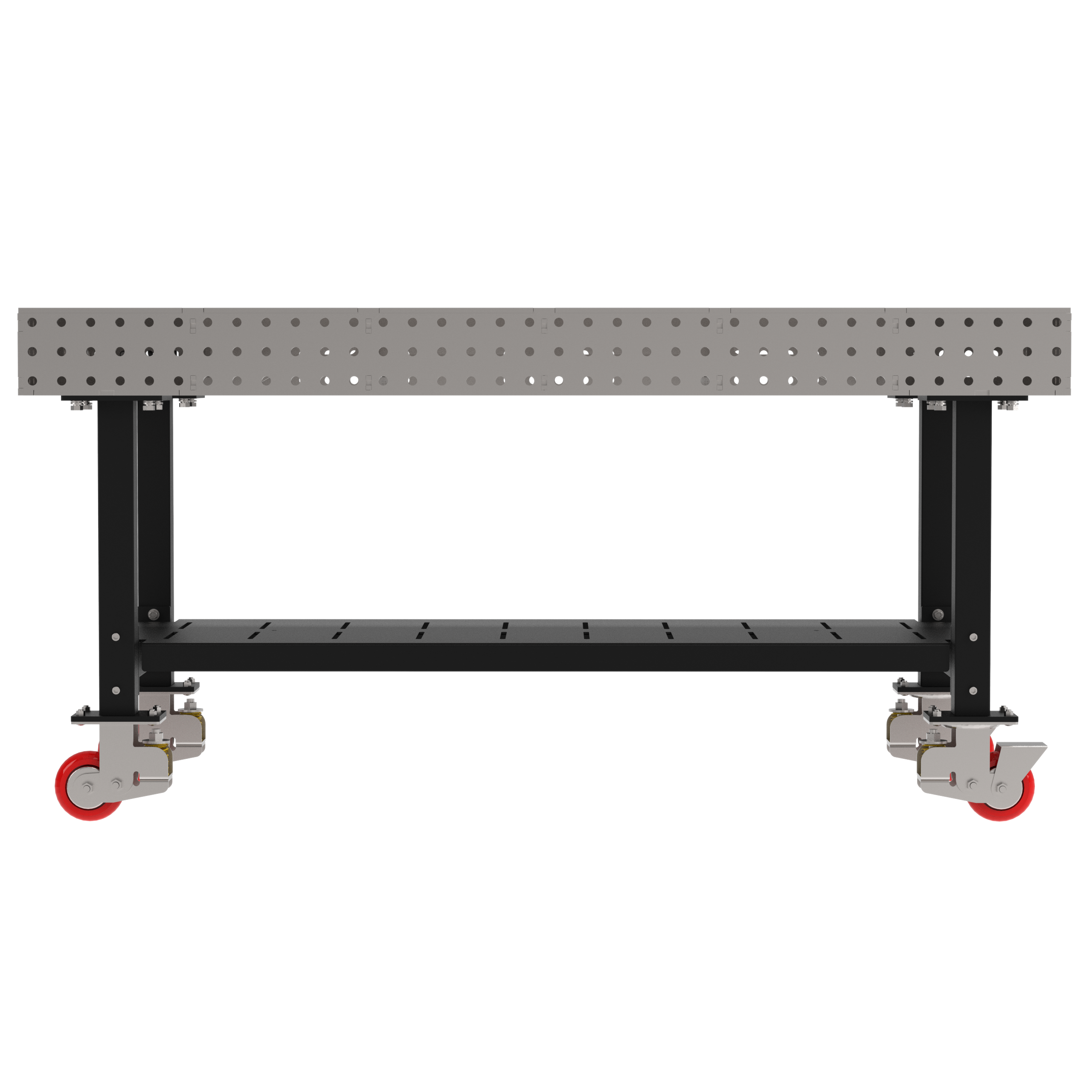 Welding Fixture Table, Fixed Height, 36"H x 72"L x 36"D, 1/4" Carbon Steel Top, Four Black Powdercoat Legs, Shelf, 4 Heavy Duty Suspension Casters (2 Locking/Swiveling Casters and 2 Non-Locking/Non-SwivelingCasters)