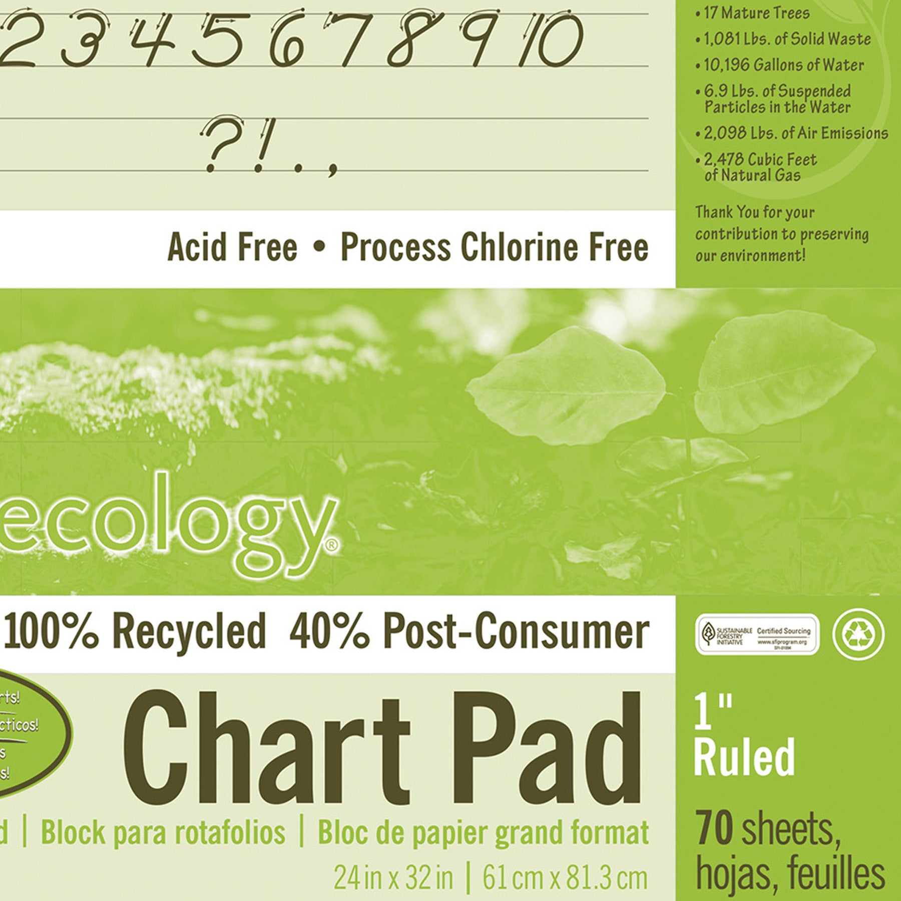 Recycled Chart Pad, Cursive Cover, 1" Ruled, 24" x 32", 70 Sheets