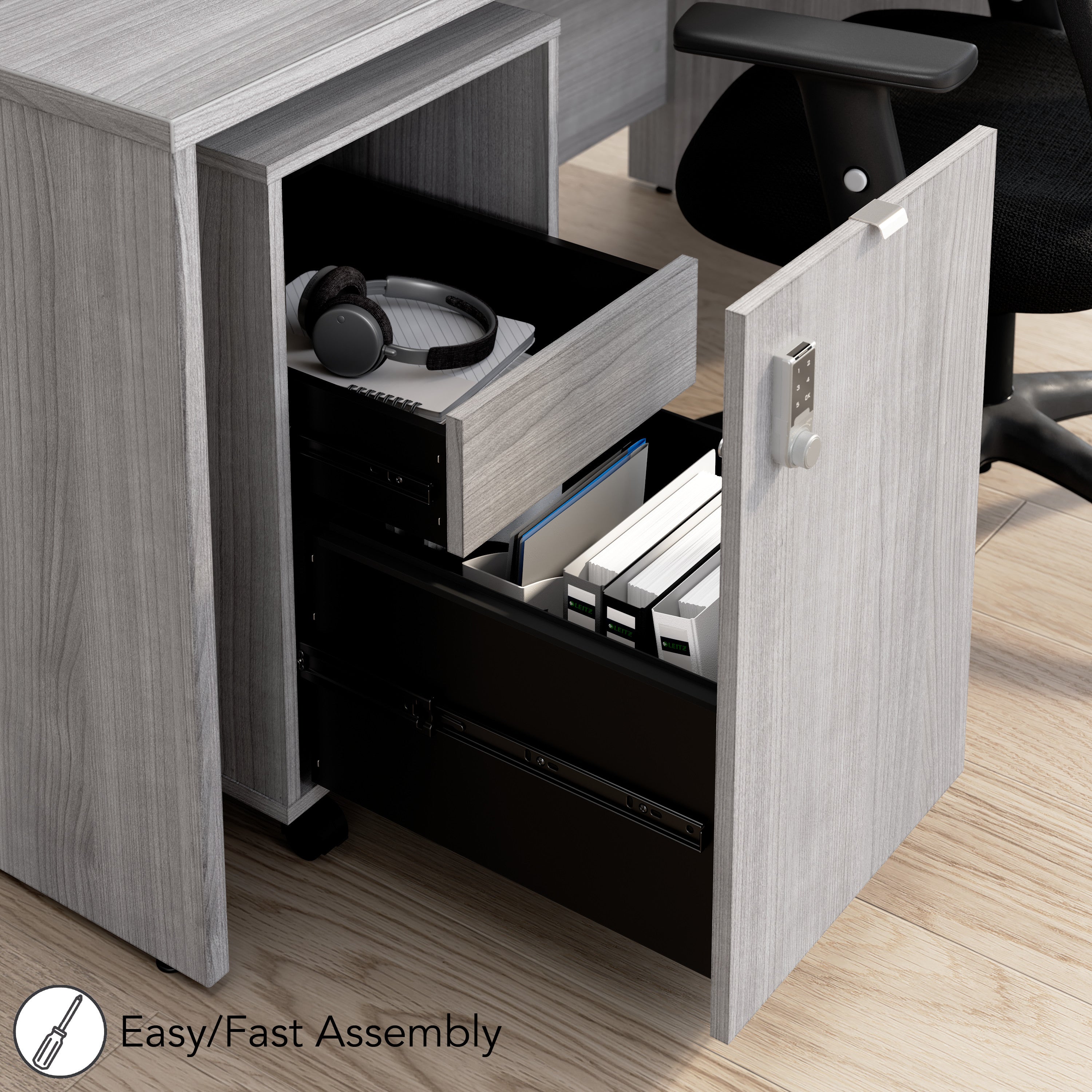 Bush Business Furniture Assure Mobile File Cabinet with Drawers and Keypad Lock in Platinum Gray - 15.65" Width x 20.24" Depth x 25.91" Height