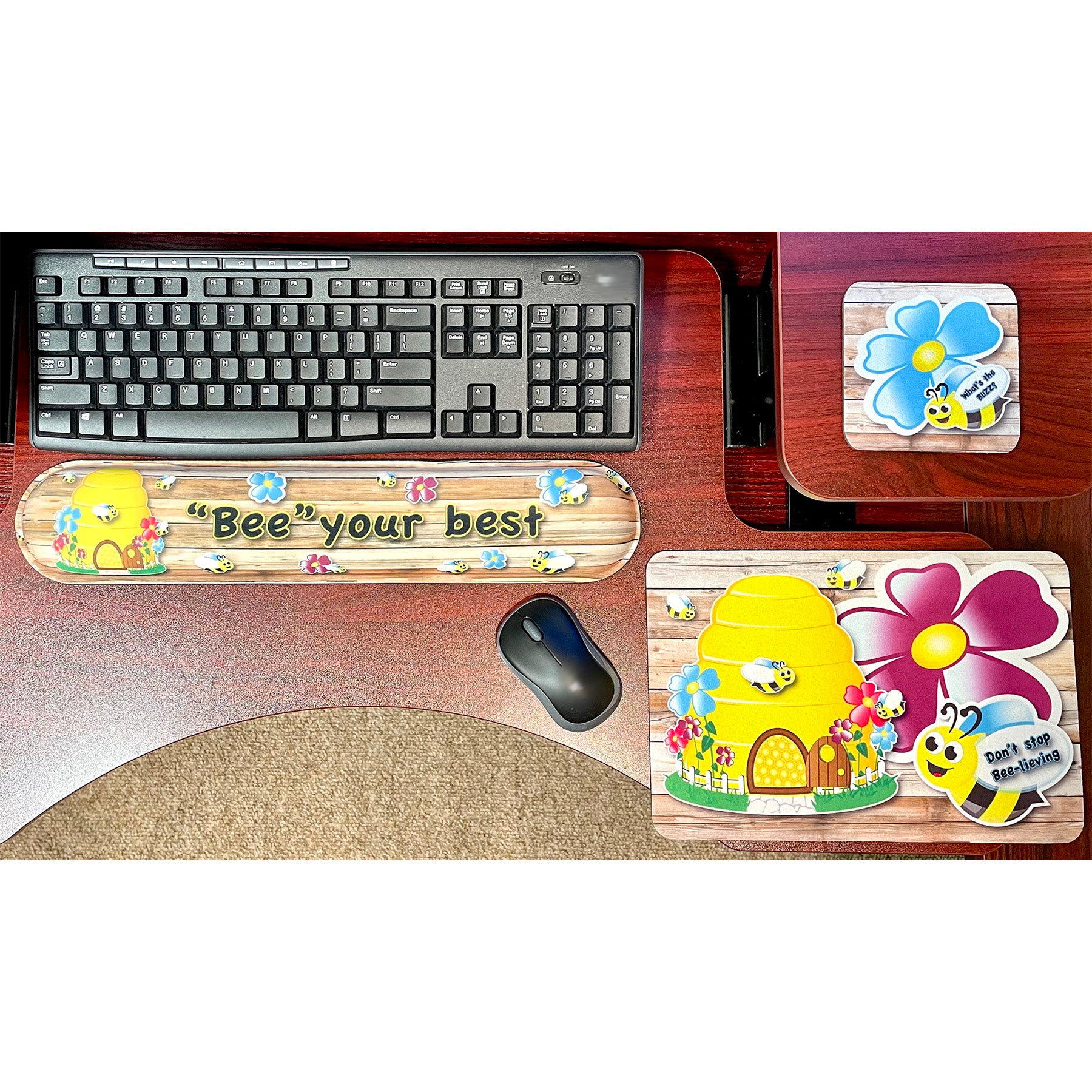 The Original Fun Mat® Computer Desk Mats, Set of 3, (1) Mouse Pad, (1) Keyboard Wrist Pad, (1) Coaster, Bee Your Best, Bee Themed Positive