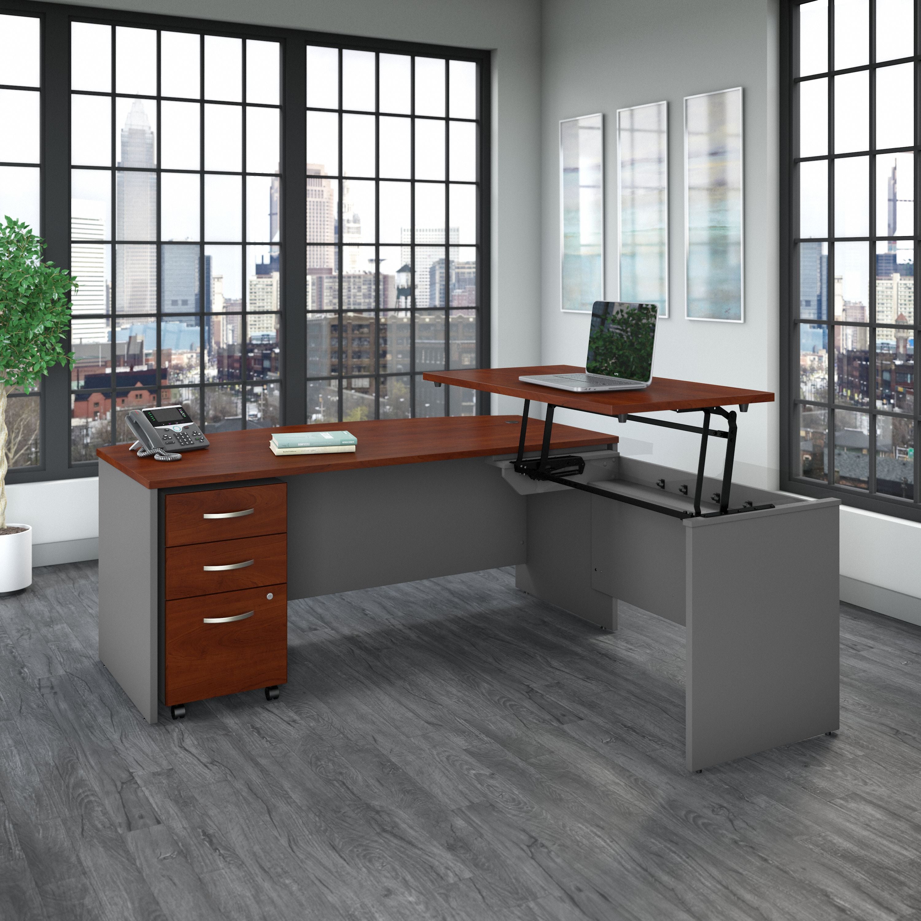 Bush Business Furniture Series C 72W x 36D 3 Position Bow Front Sit to Stand L Shaped Desk with Mobile File Cabinet in Hansen Cherry/Graphite Gray - 71.1" Width x 78.7" Depth x 29.84" Height