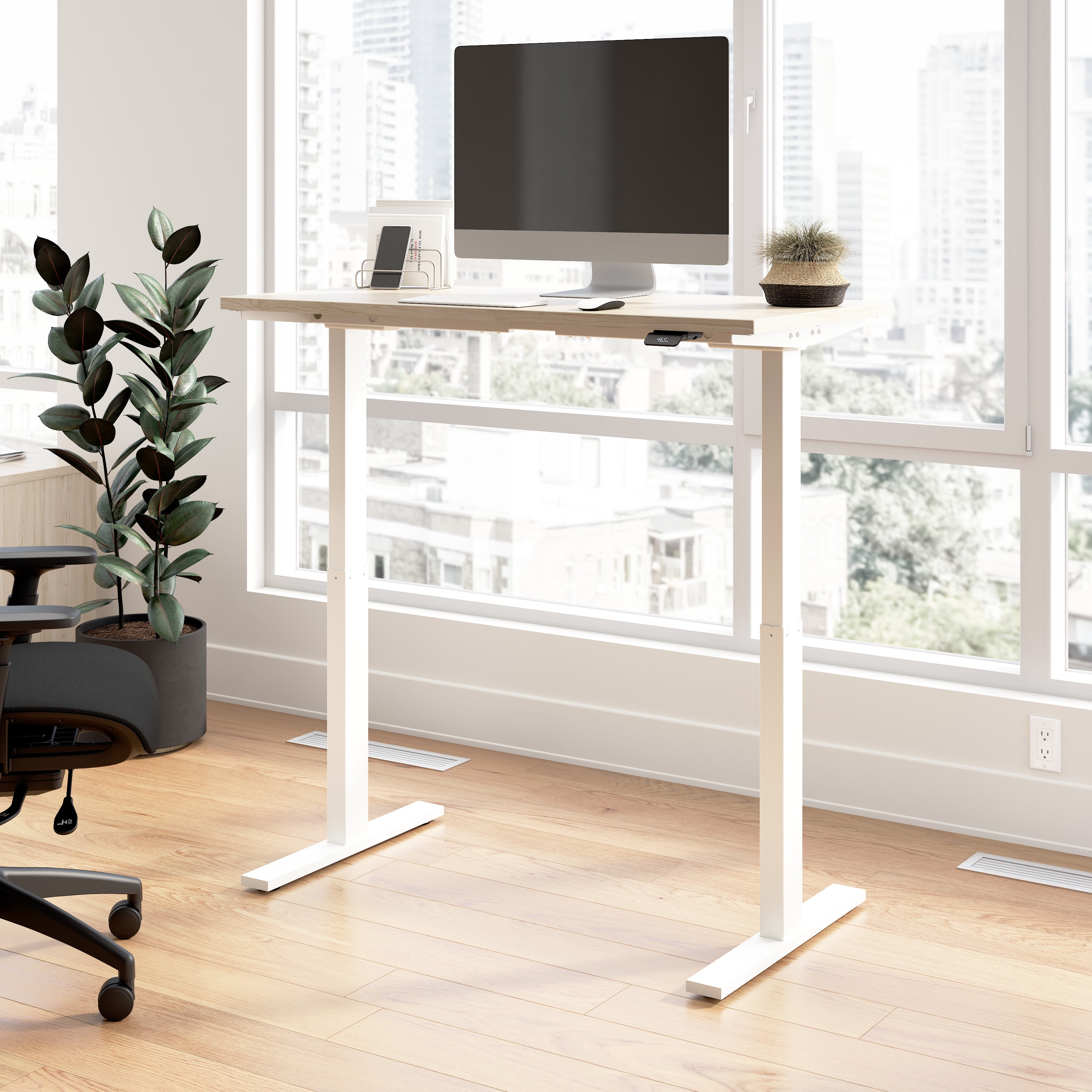 Bush Business Furniture Move 60 Series 48W x 24D Electric Height Adjustable Standing Desk in Natural Elm with White Base - 47.6" Width x 23.62" Depth x 27.44" Height