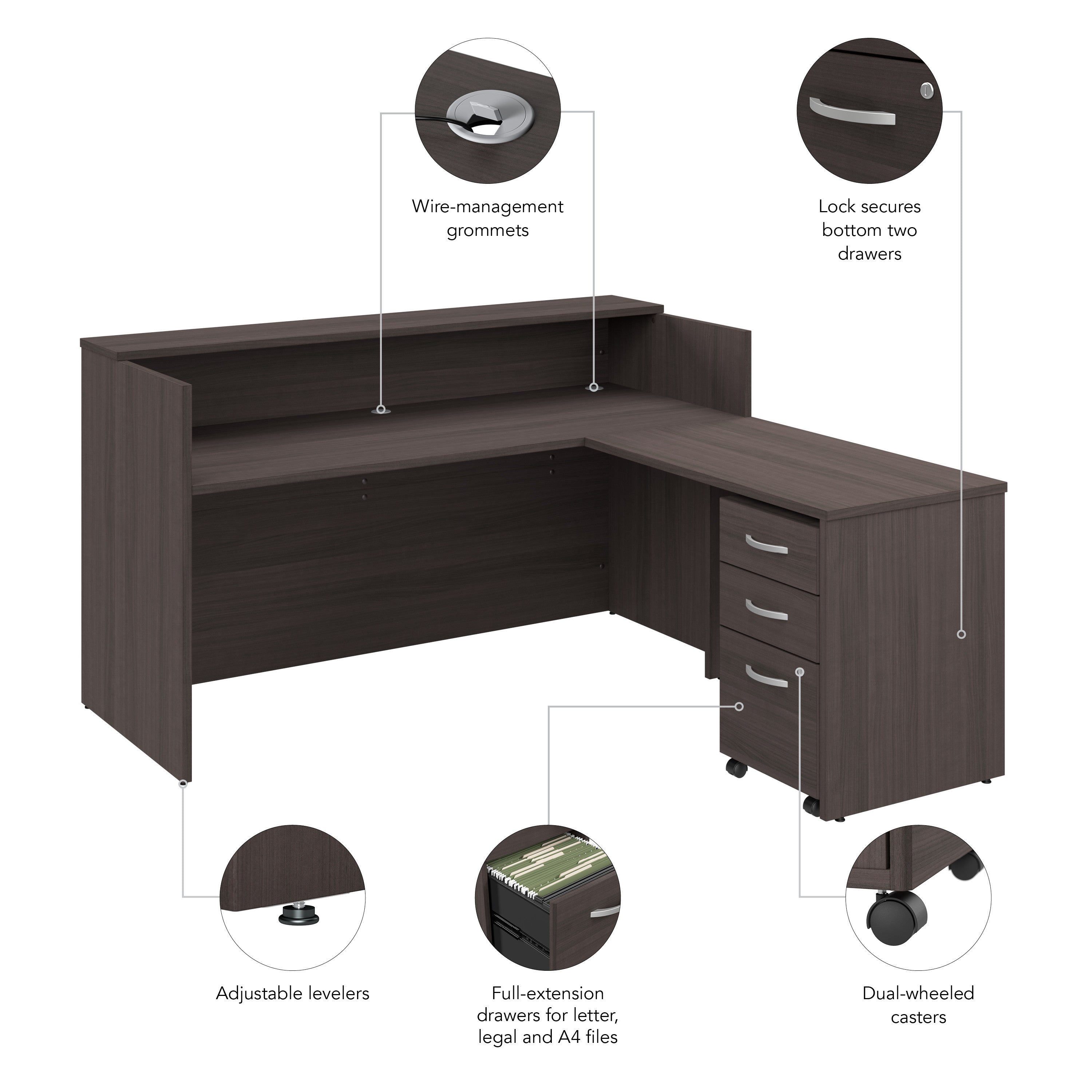 Bush Business Furniture Arrive 72W x 72D L Shaped Reception Desk with Shelf and Mobile File Cabinet in Storm Gray - 71.02" Width x 71.14" Depth x 40.35" Height