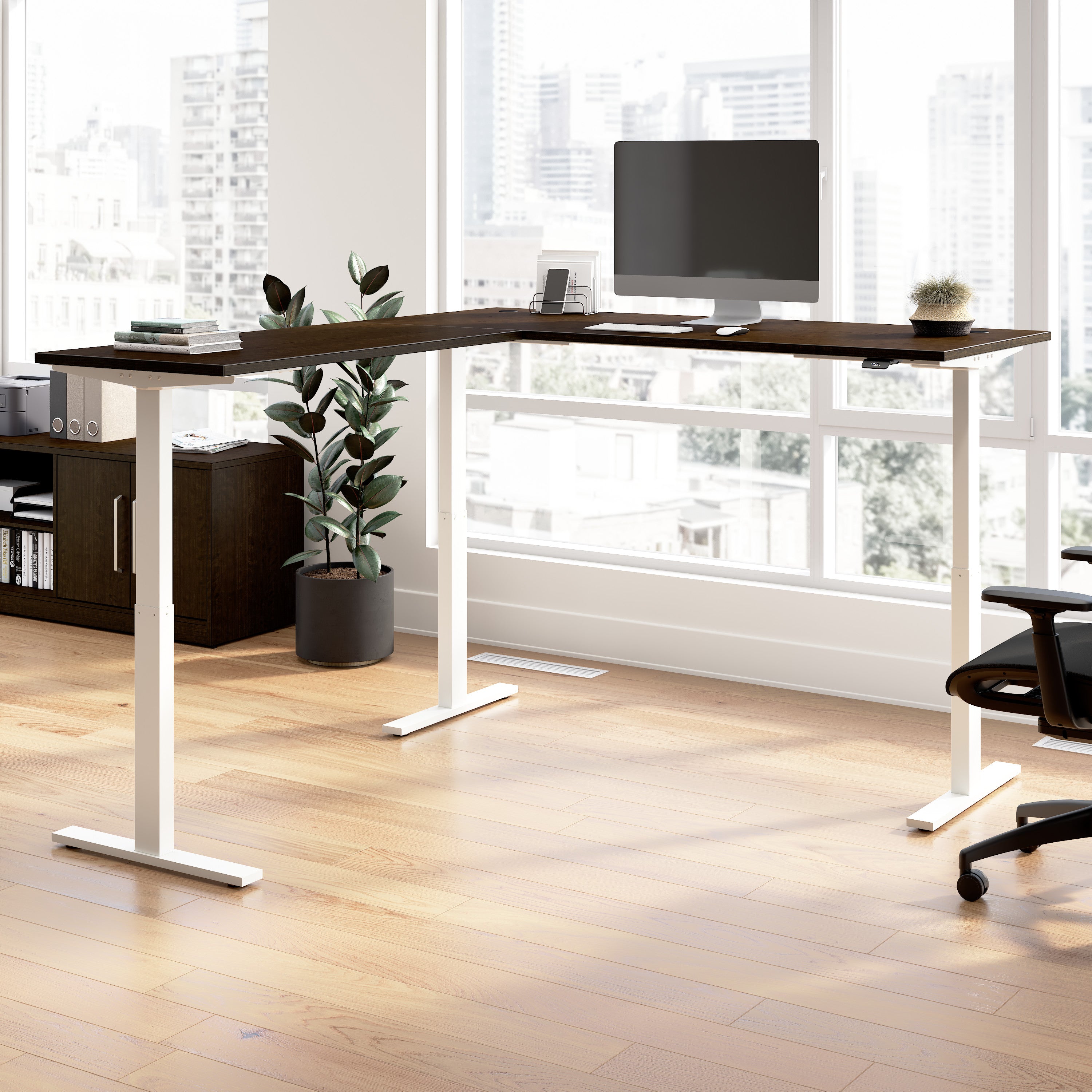 Bush Business Furniture Move 60 Series 72W Height Adjustable L Shaped Standing Desk in Mocha Cherry with White Base - 71.02" Width x 76.97" Depth x 27.44" Height