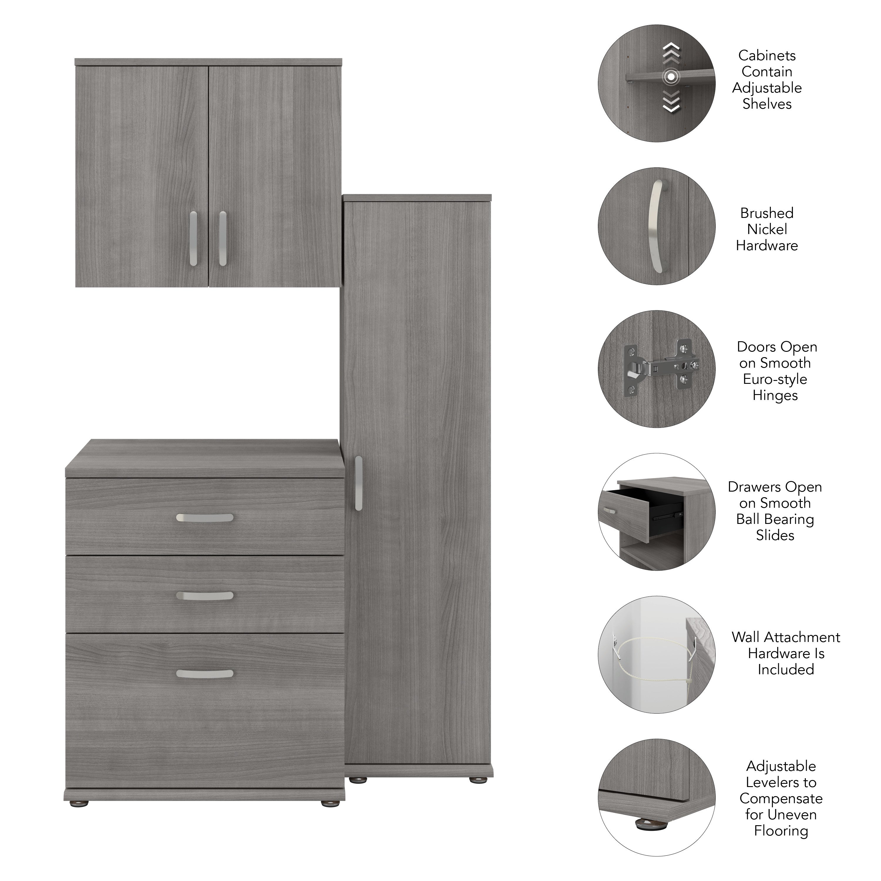 Bush Business Furniture Universal 44W 3 Piece Modular Storage Set with Floor and Wall Cabinets in Platinum Gray - 44.02" Width x 24.69" Depth x 61.81" Height