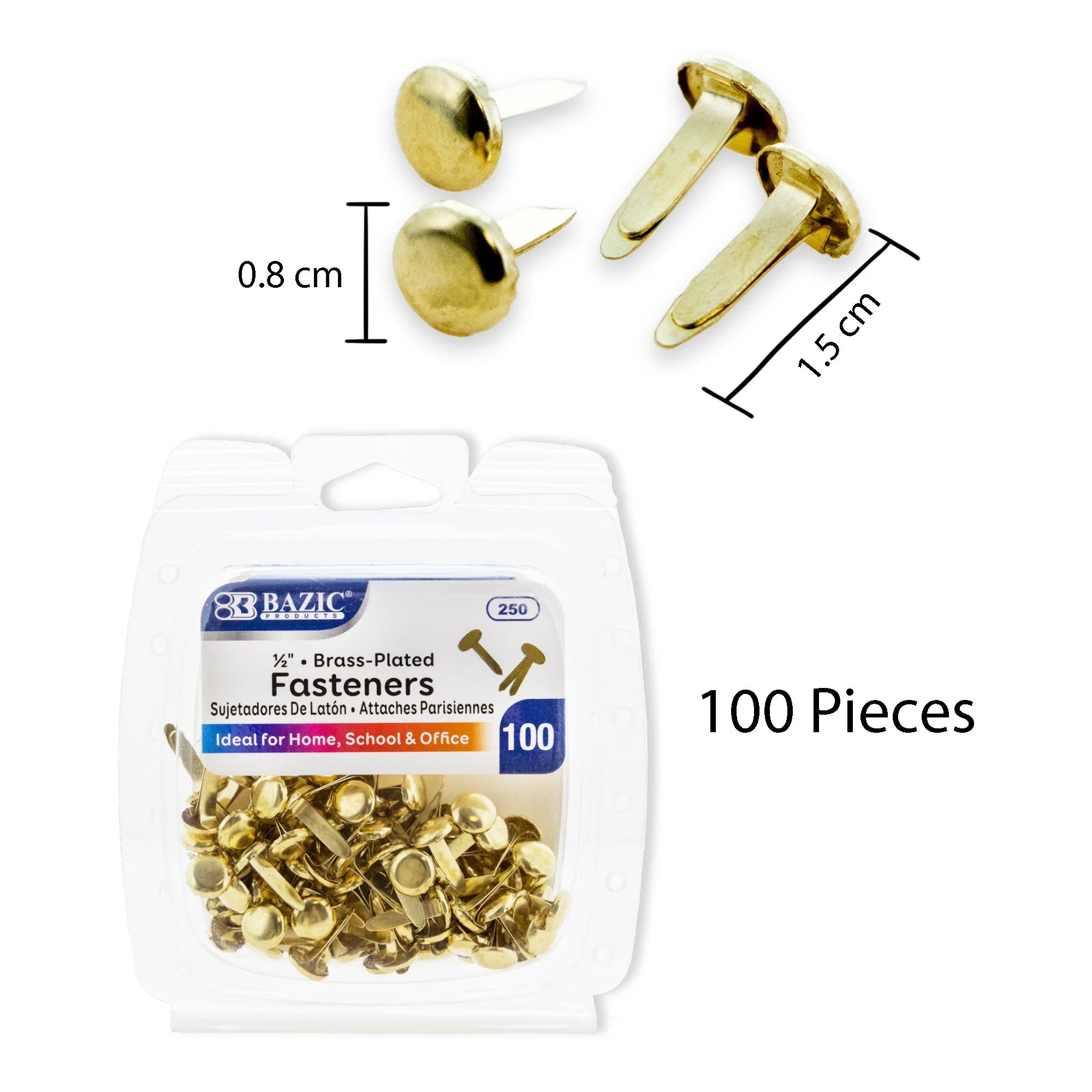 Brass-Plated Fasteners, 1/2", Pack of 100