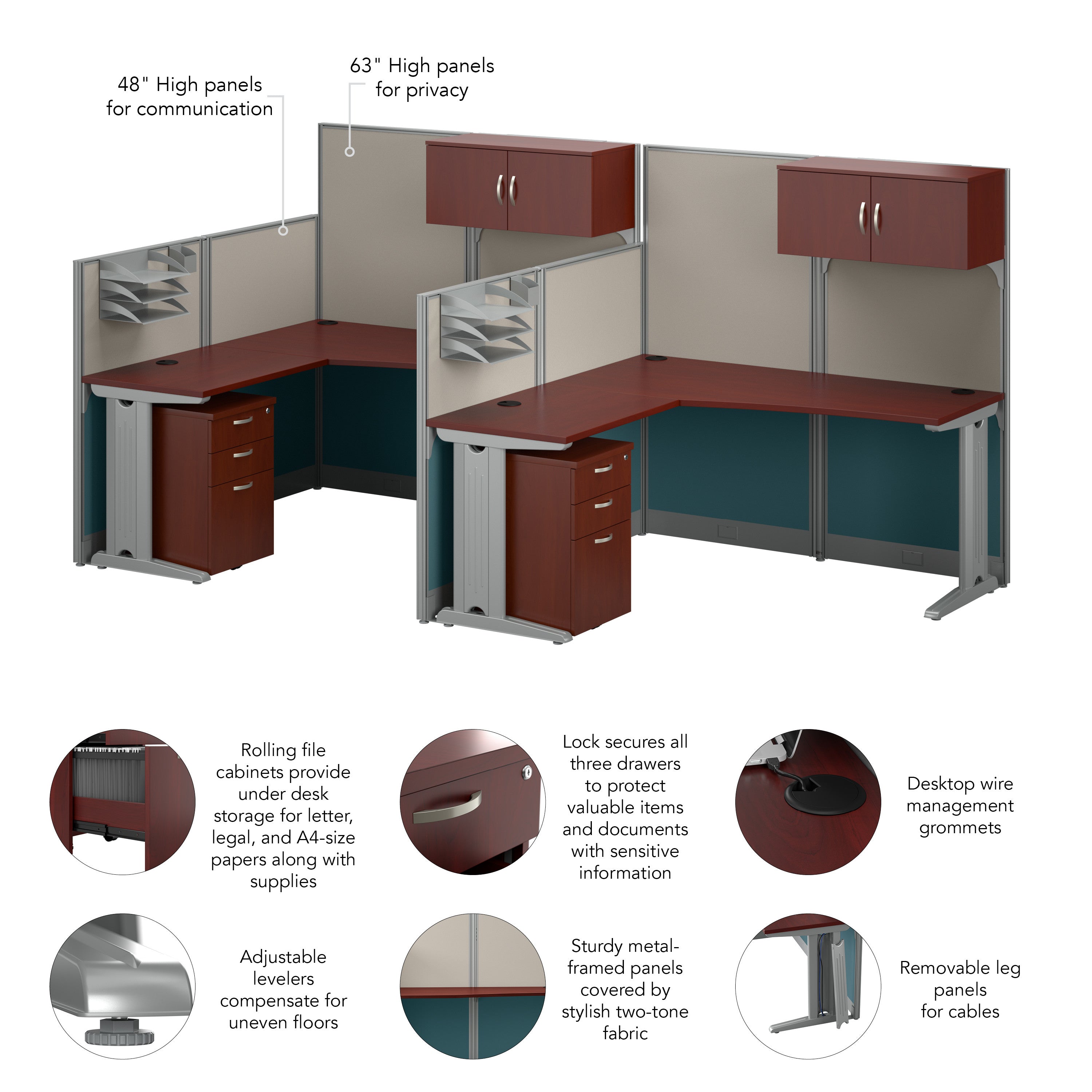 Bush Business Furniture Office in an Hour 2 Person L Shaped Cubicle Desks with Storage, Drawers, and Organizers in Hansen Cherry - 128.98" Width x 64.49" Depth x 62.87" Height