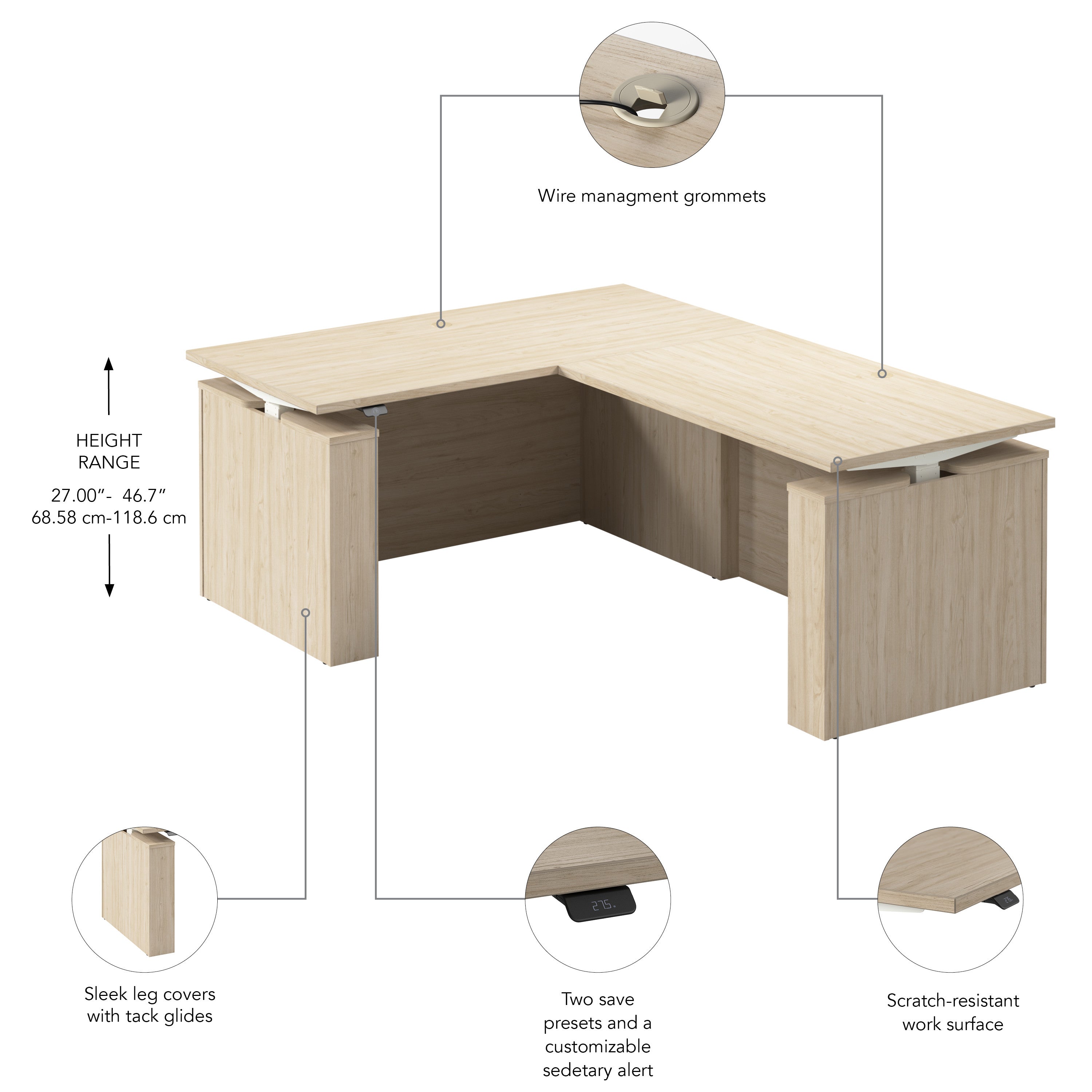 Bush Business Furniture Stratus&nbsp;60W x&nbsp;78D Electric Height Adjustable L Shaped Standing Desk in Natural Elm with White Base - 59.45" Width x 76.97" Depth x 27.44" Height