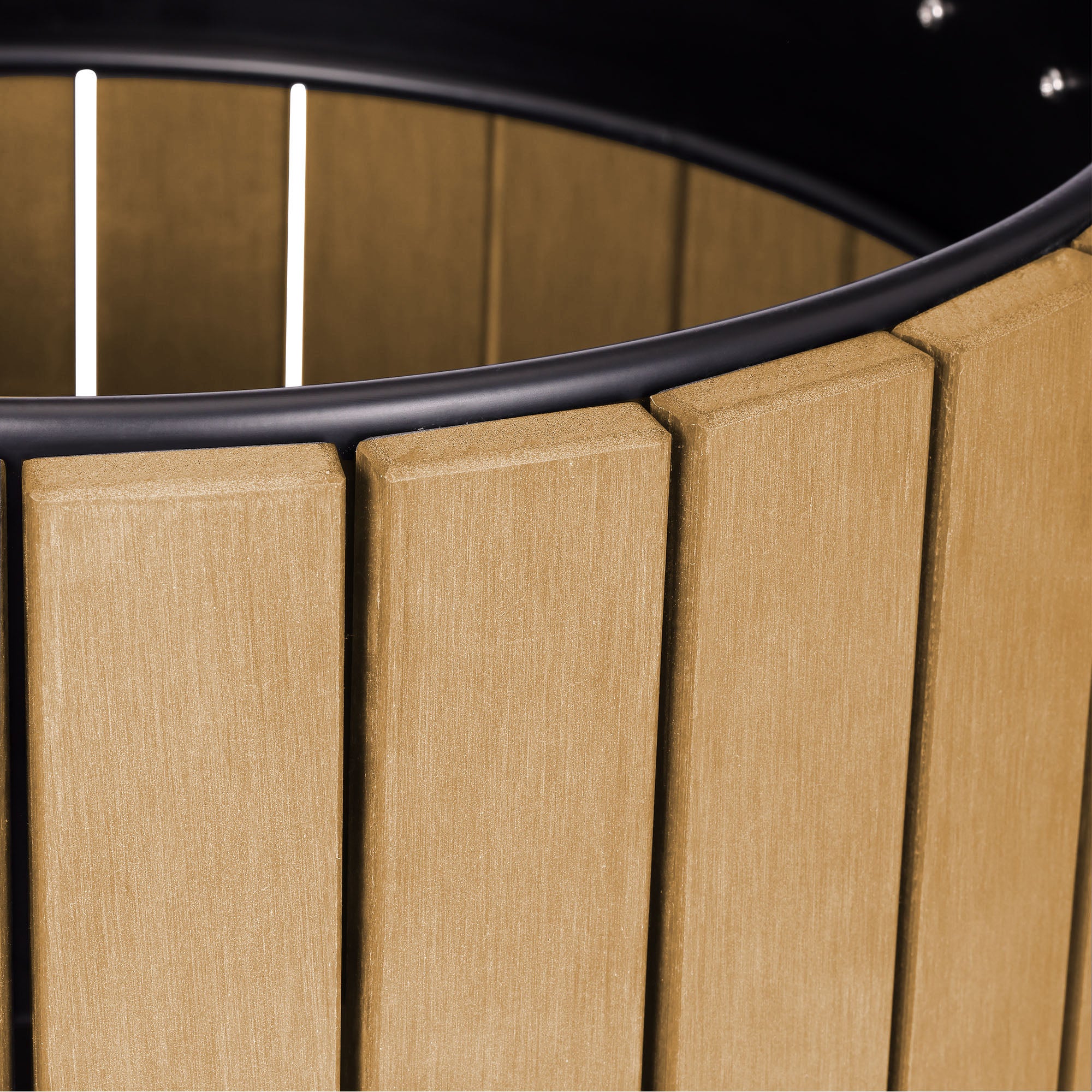 Round, 32-Gallon Outdoor Trash Container with Slatted Recycled Plastic Panels - Rain Bonnet Lid - Cedar