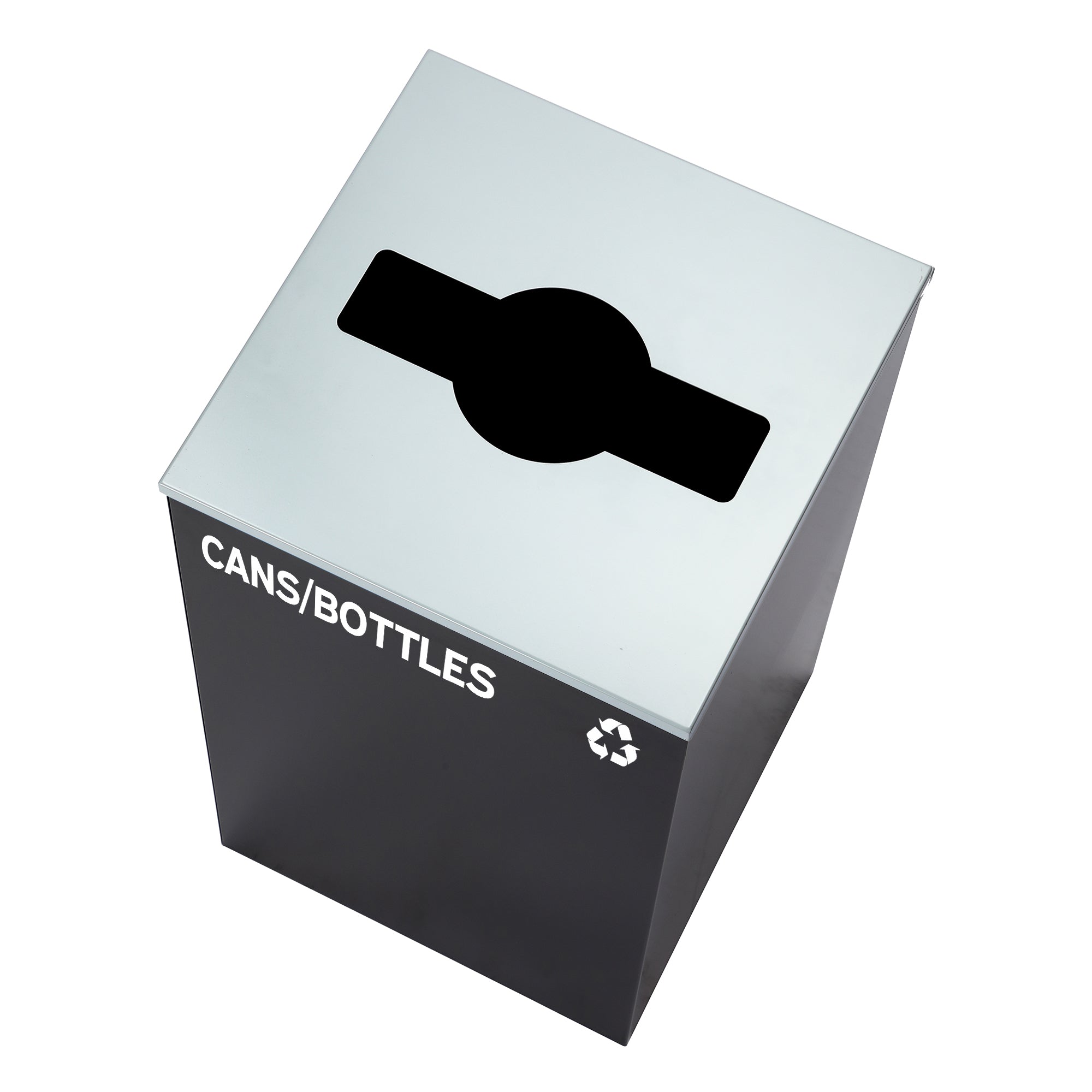 Square Recycling Bin – 29 Gallons - Black Can, Mixed Opening Lid, for Cans/Bottles
